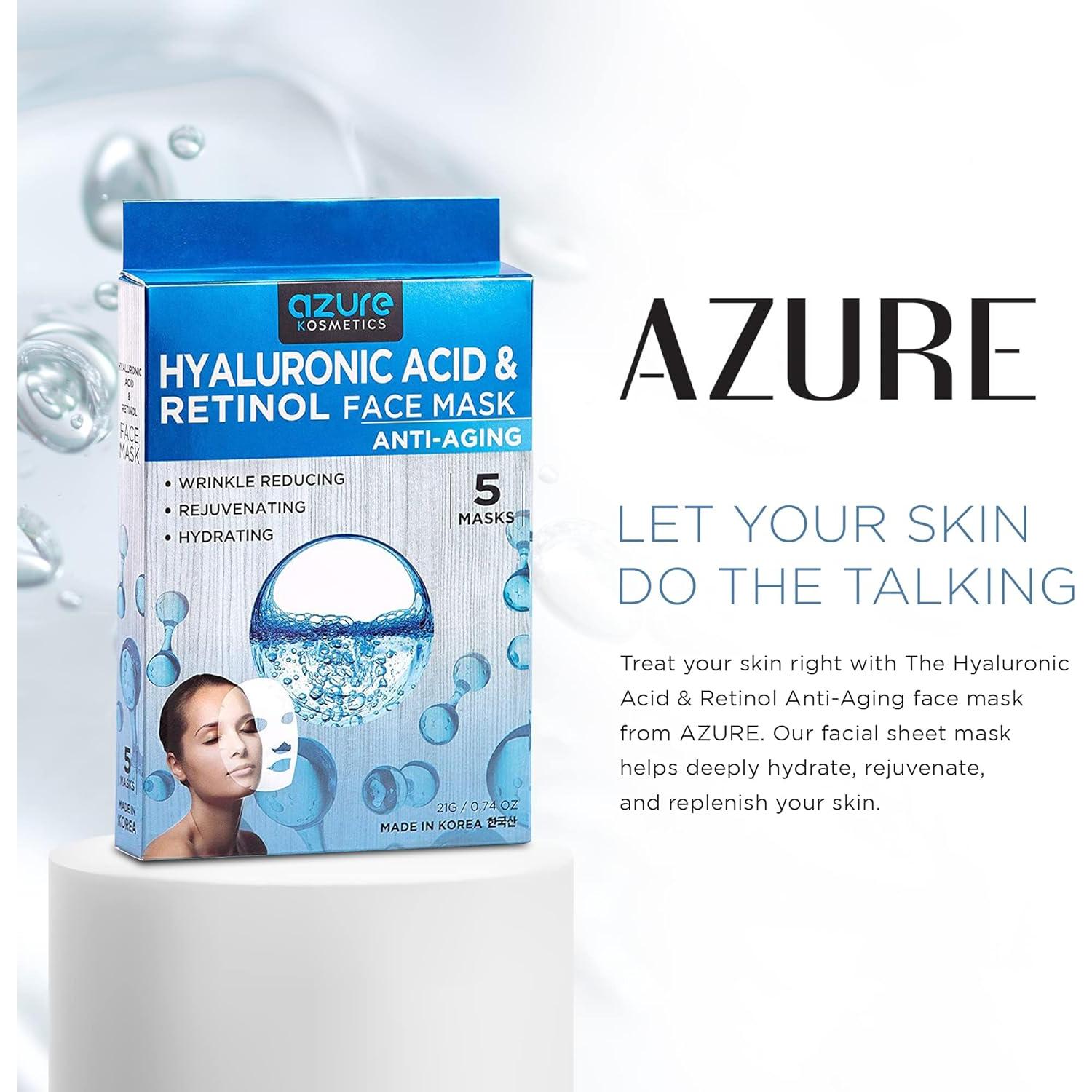 Máscara Facial Azure Cosmetics - Ácido Hialurónico y Retinol - 5 Pzas