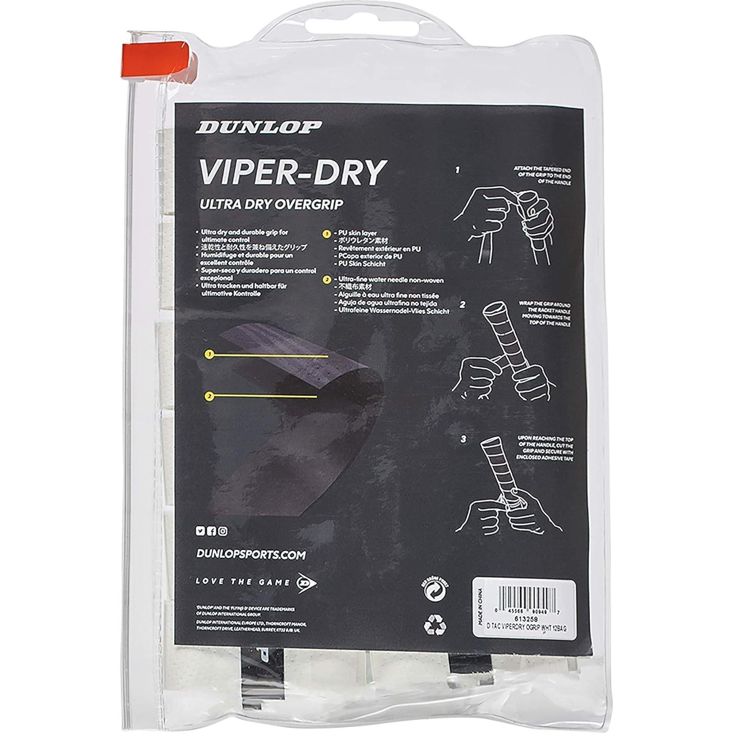 Overgrip de Tenis Dunlop Viper Dry - Paquete de 12 Grips Blancos