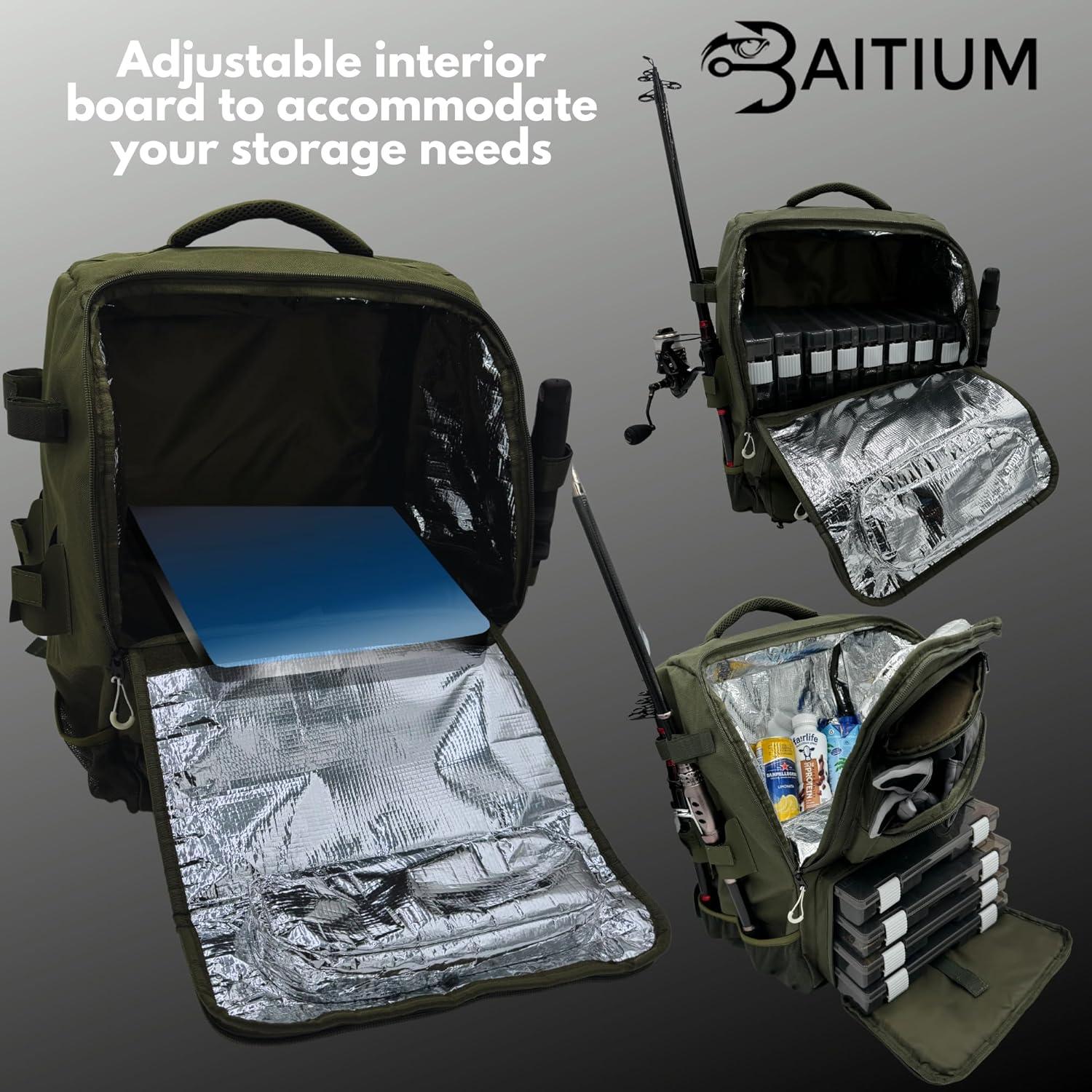 Mochila de Pesca Baitium 40L con Soportes y Nevera Verde