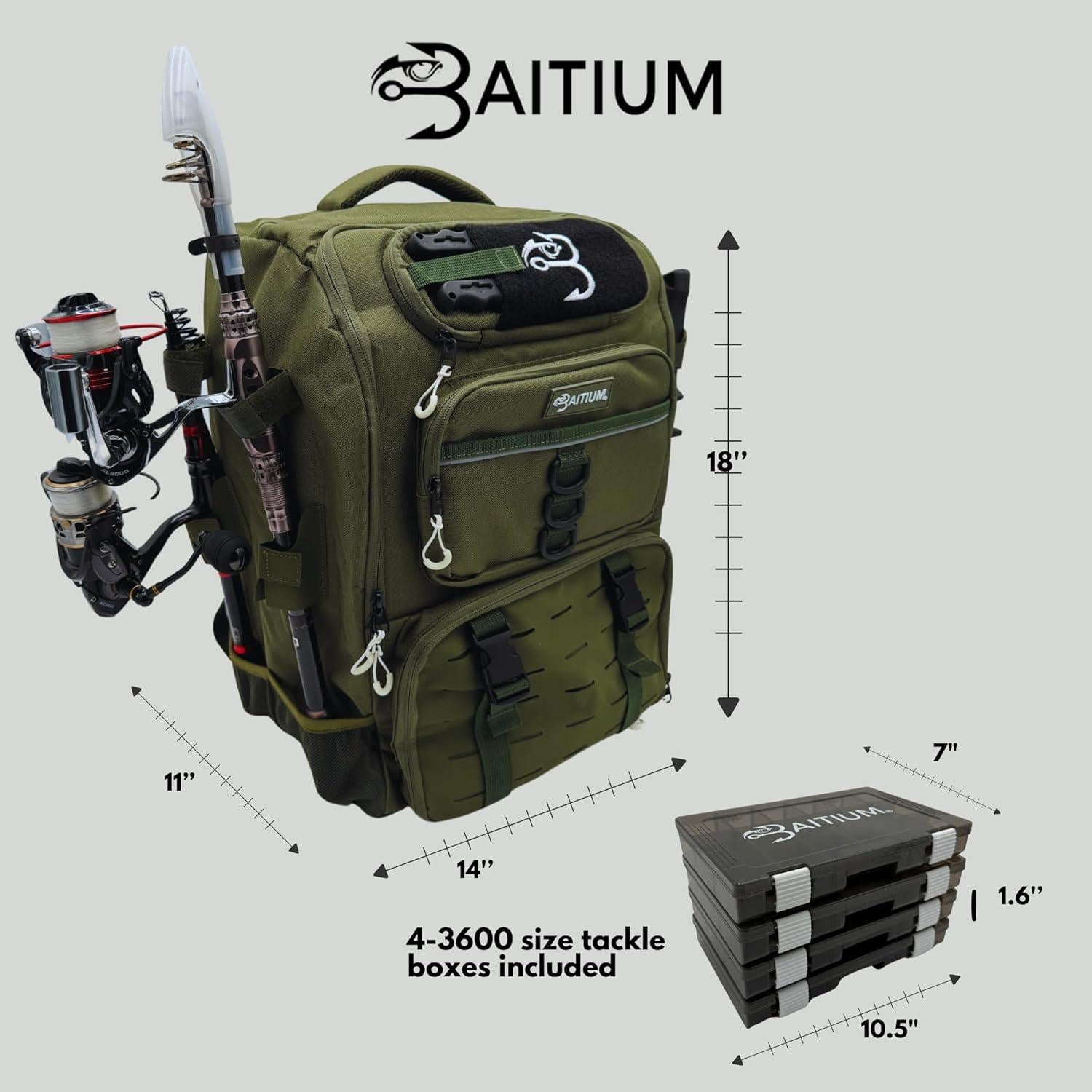 Mochila de Pesca Baitium 40L con Soportes y Nevera Verde