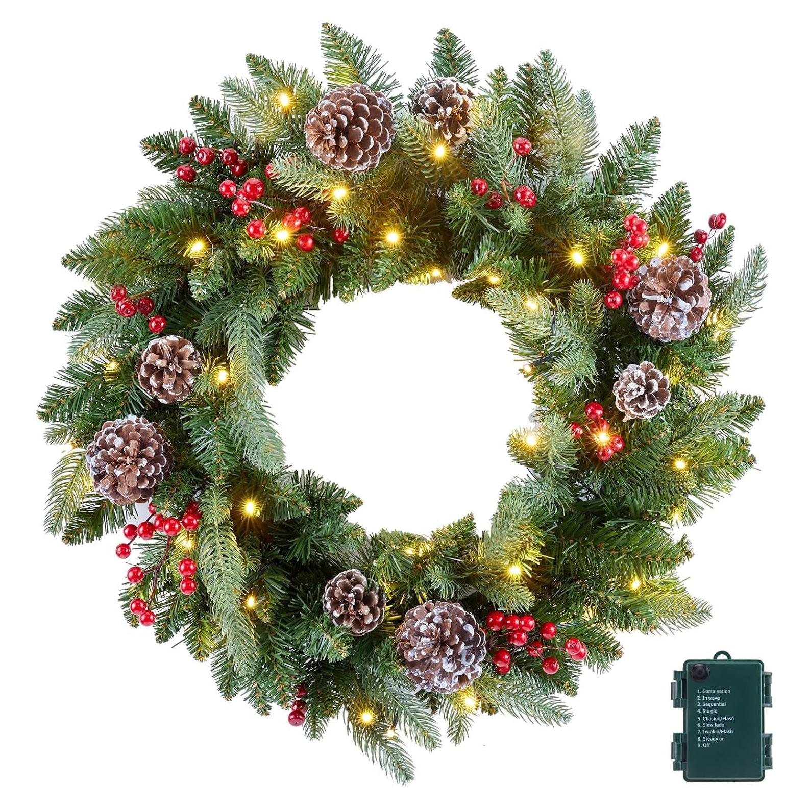 Corona Navideña Preiluminada Minetom 60 cm con Luces LED