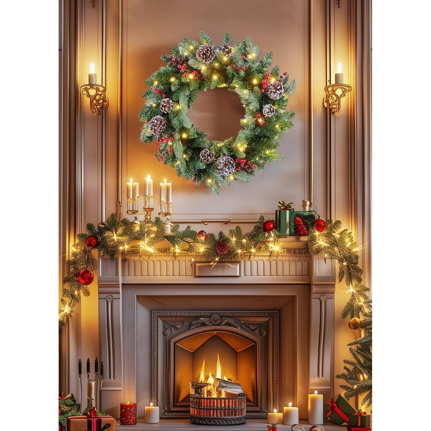 Corona Navideña Preiluminada Minetom 60 cm con Luces LED