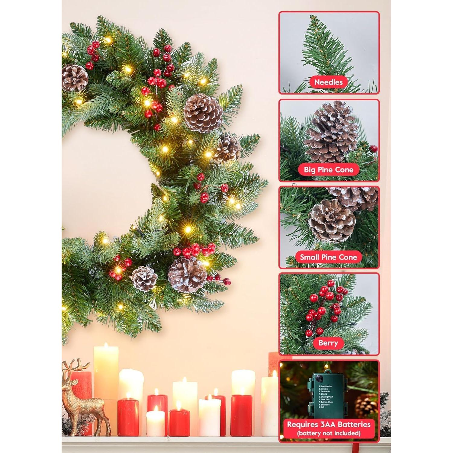 Corona Navideña Preiluminada Minetom 60 cm con Luces LED