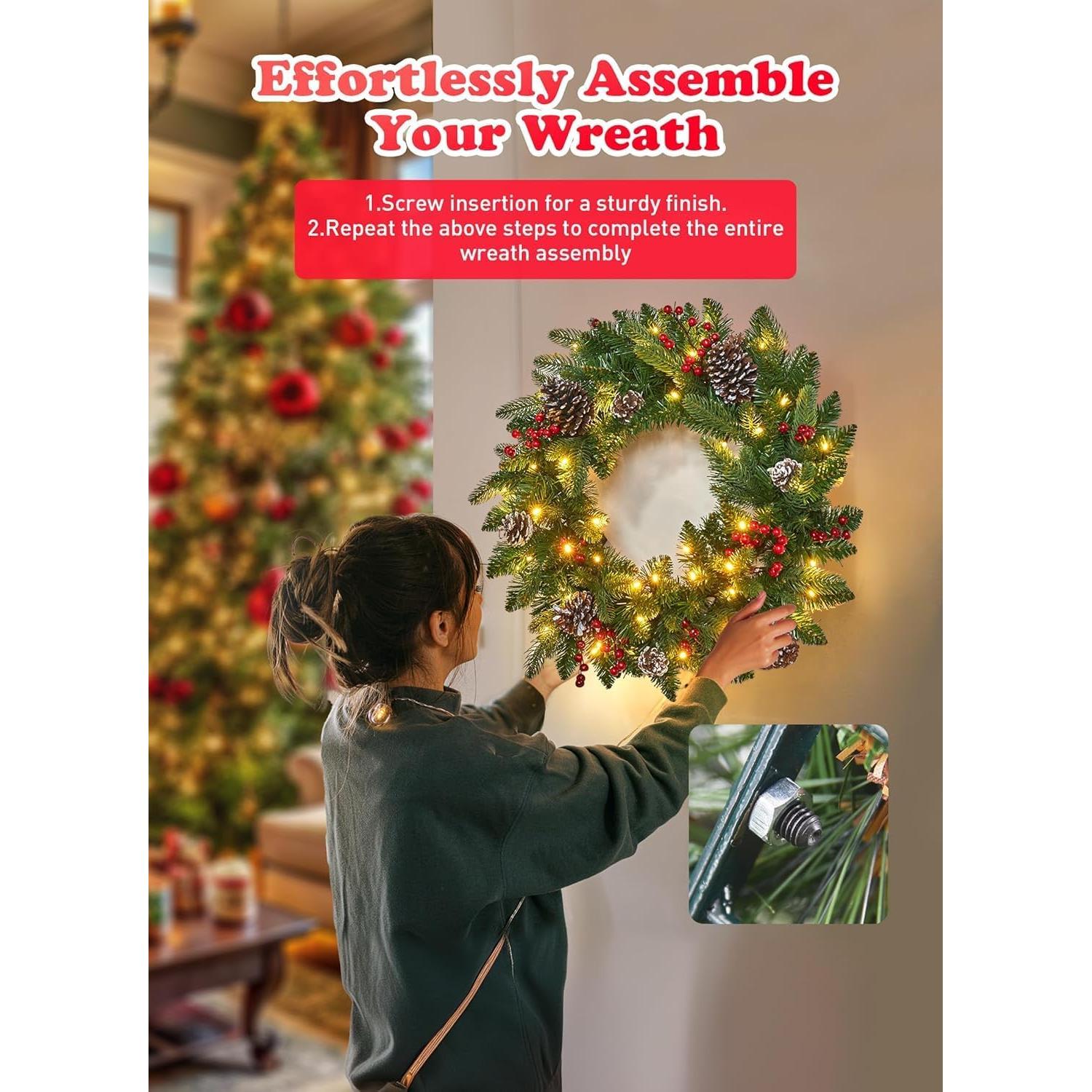 Corona Navideña Preiluminada Minetom 60 cm con Luces LED