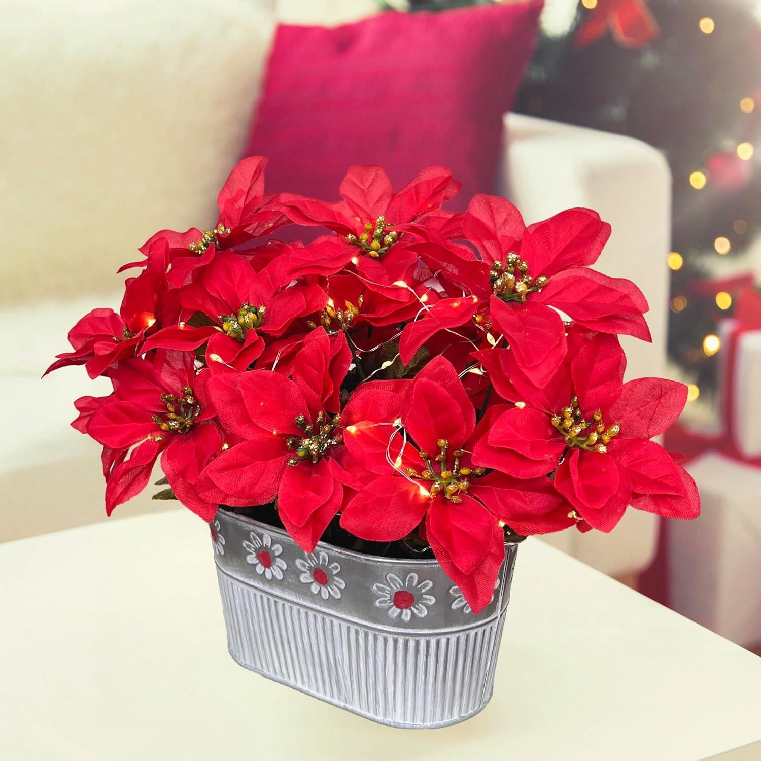 Centro de Mesa Navideño HOPEME con Poinsettias y Luces LED