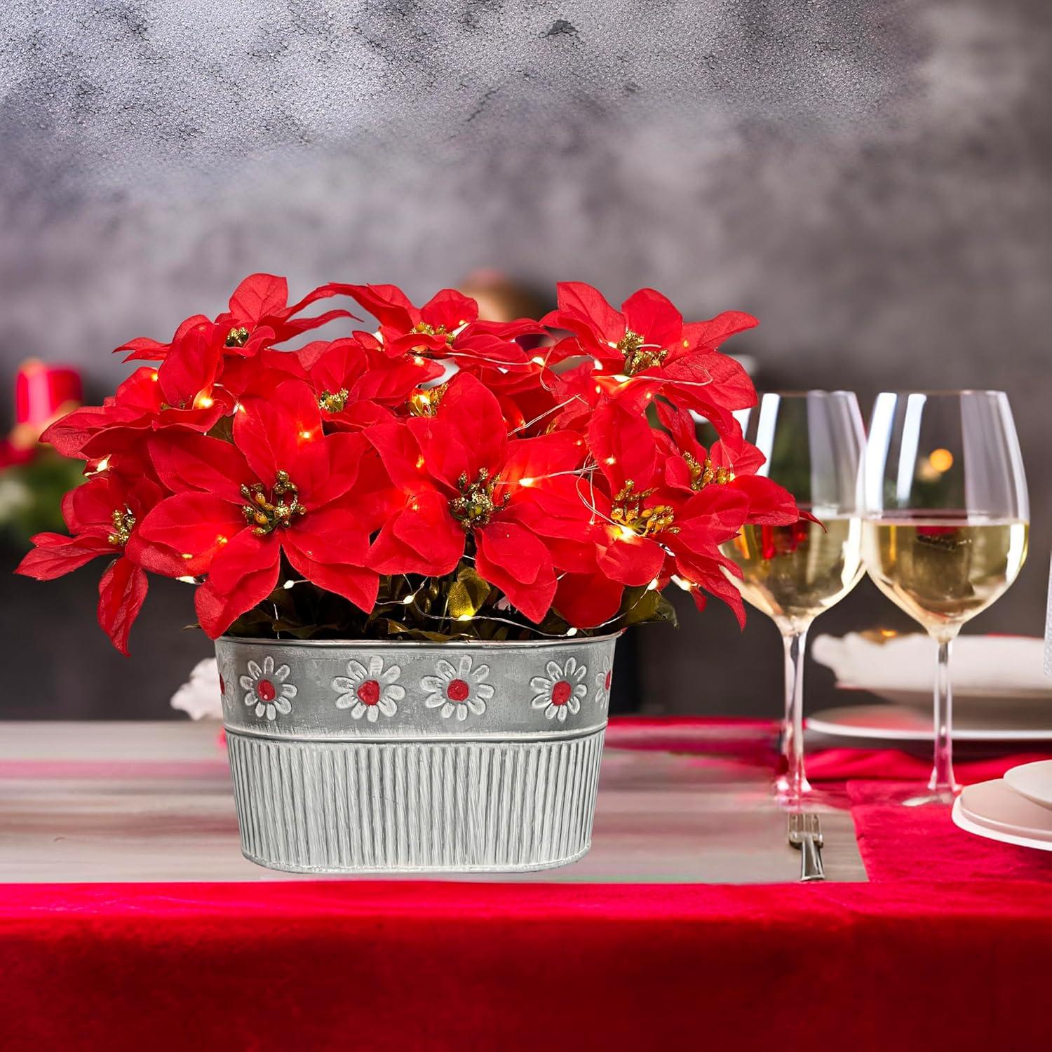 Centro de Mesa Navideño HOPEME con Poinsettias y Luces LED