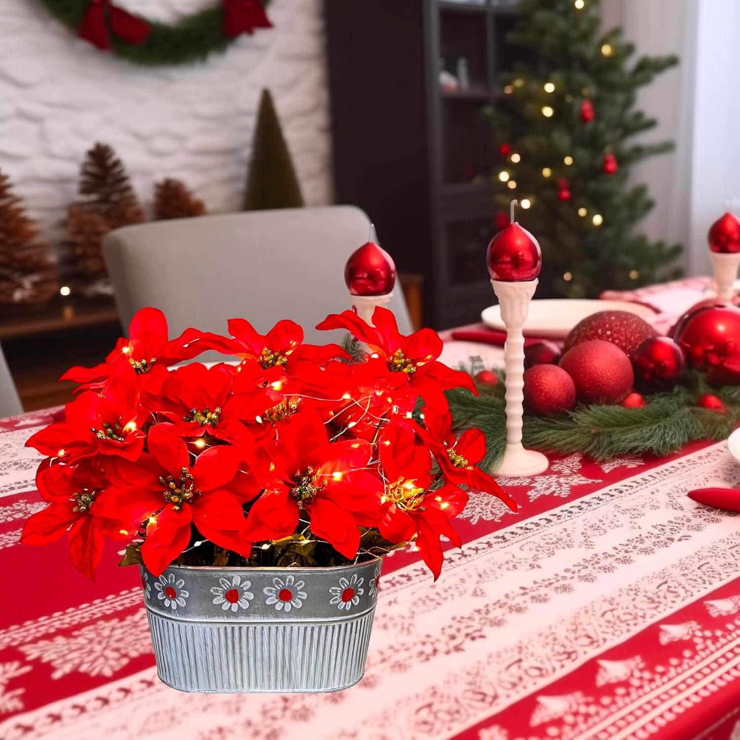 Centro de Mesa Navideño HOPEME con Poinsettias y Luces LED