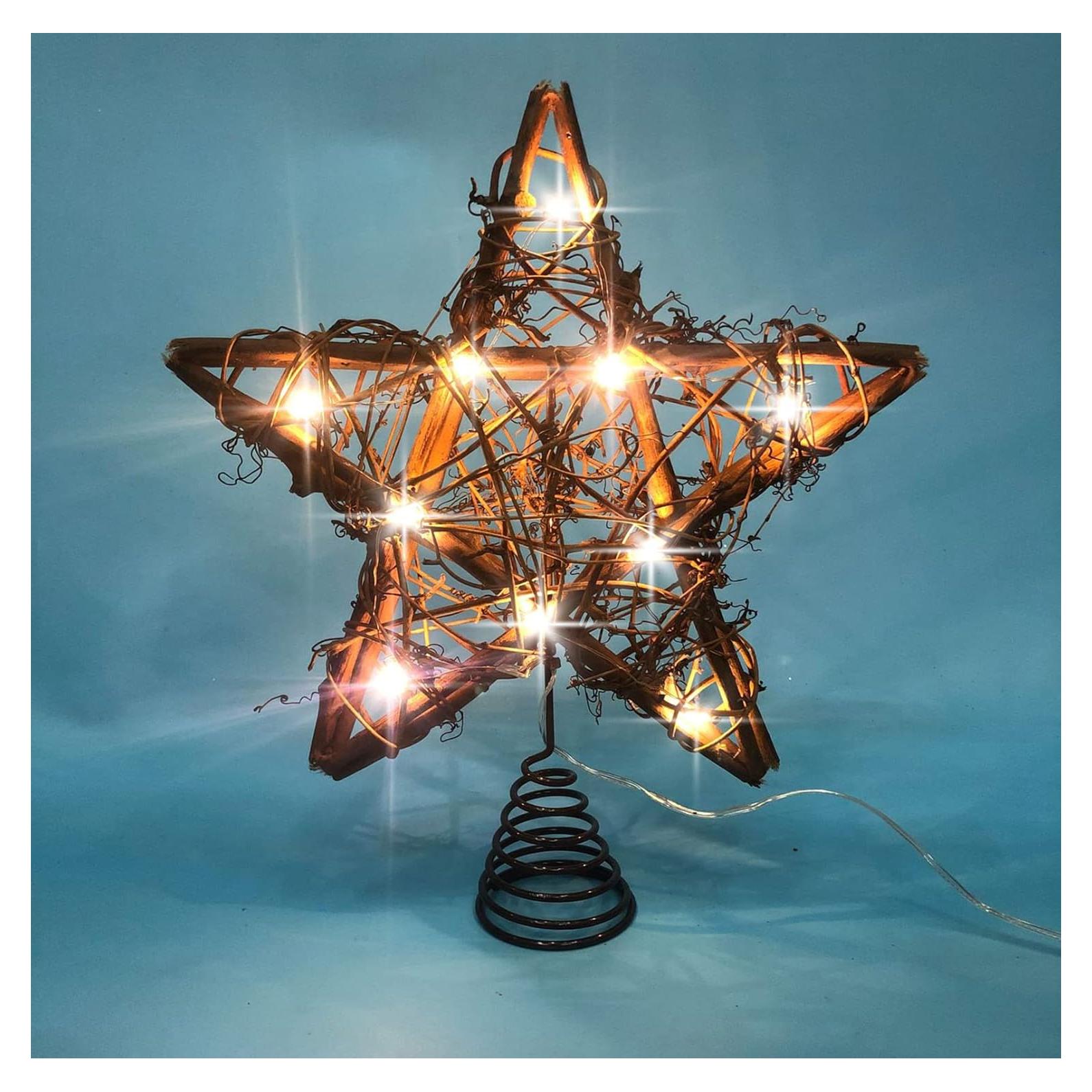 Adorno Superior Estrella de Ratan Natural LAWOHO 25.4 cm con 10 Luces LED