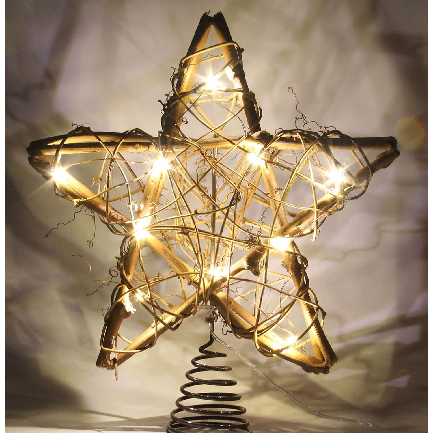 Adorno Superior Estrella de Ratan Natural LAWOHO 25.4 cm con 10 Luces LED