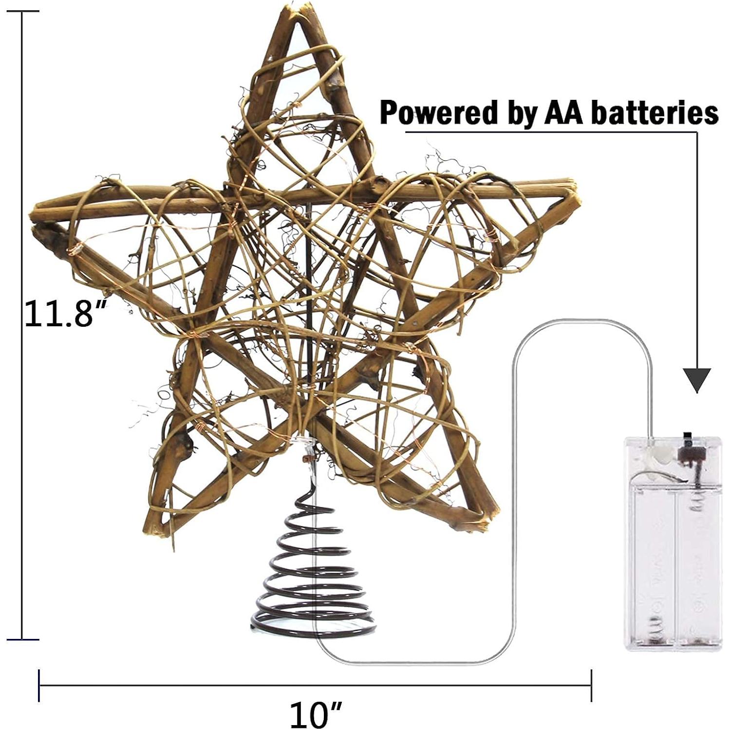 Adorno Superior Estrella de Ratan Natural LAWOHO 25.4 cm con 10 Luces LED
