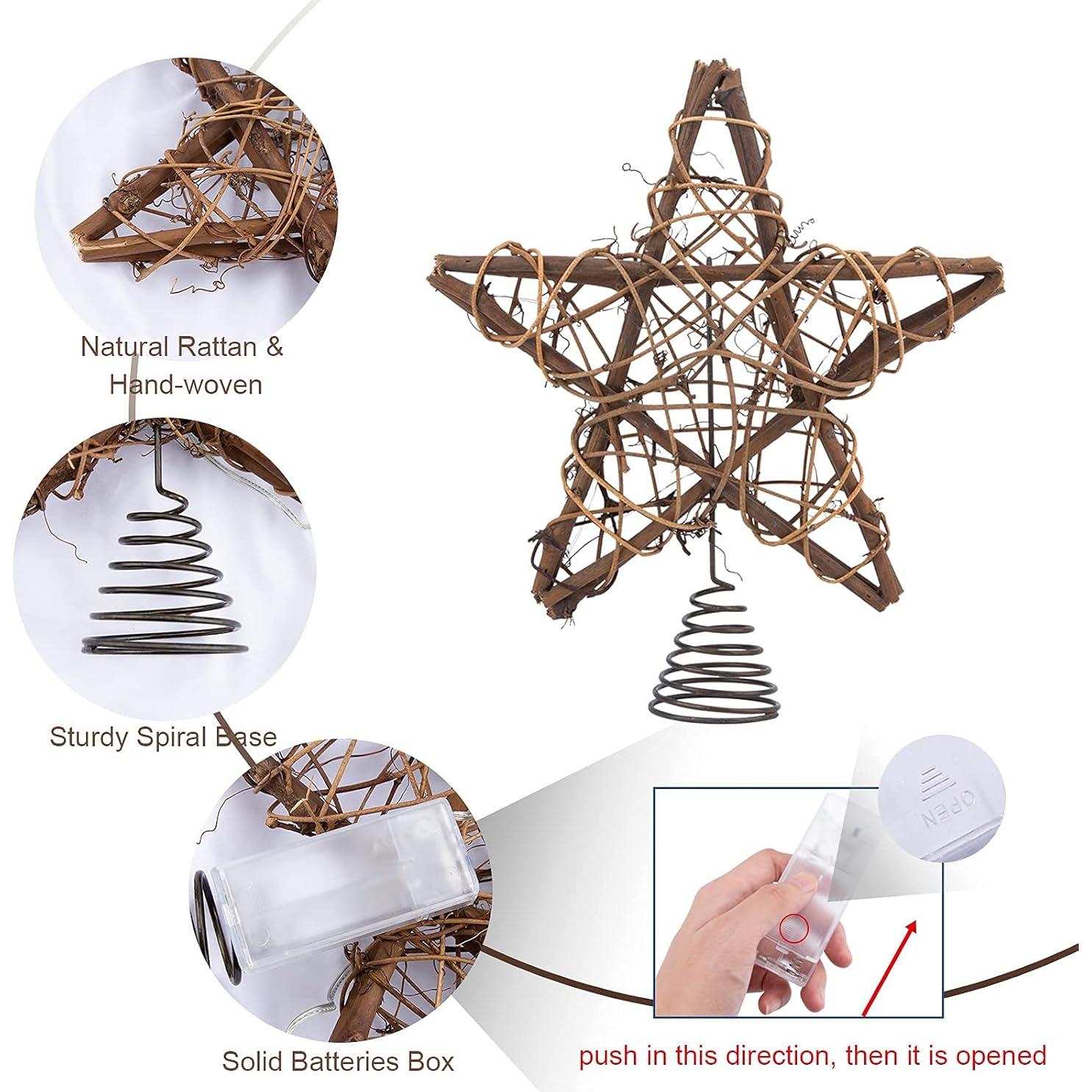 Adorno Superior Estrella de Ratan Natural LAWOHO 25.4 cm con 10 Luces LED