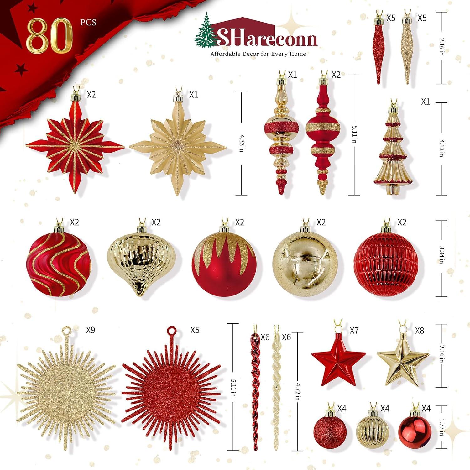Conjunto de 80 Adornos Navideños SHareconn Irrompibles Rojo Dorado