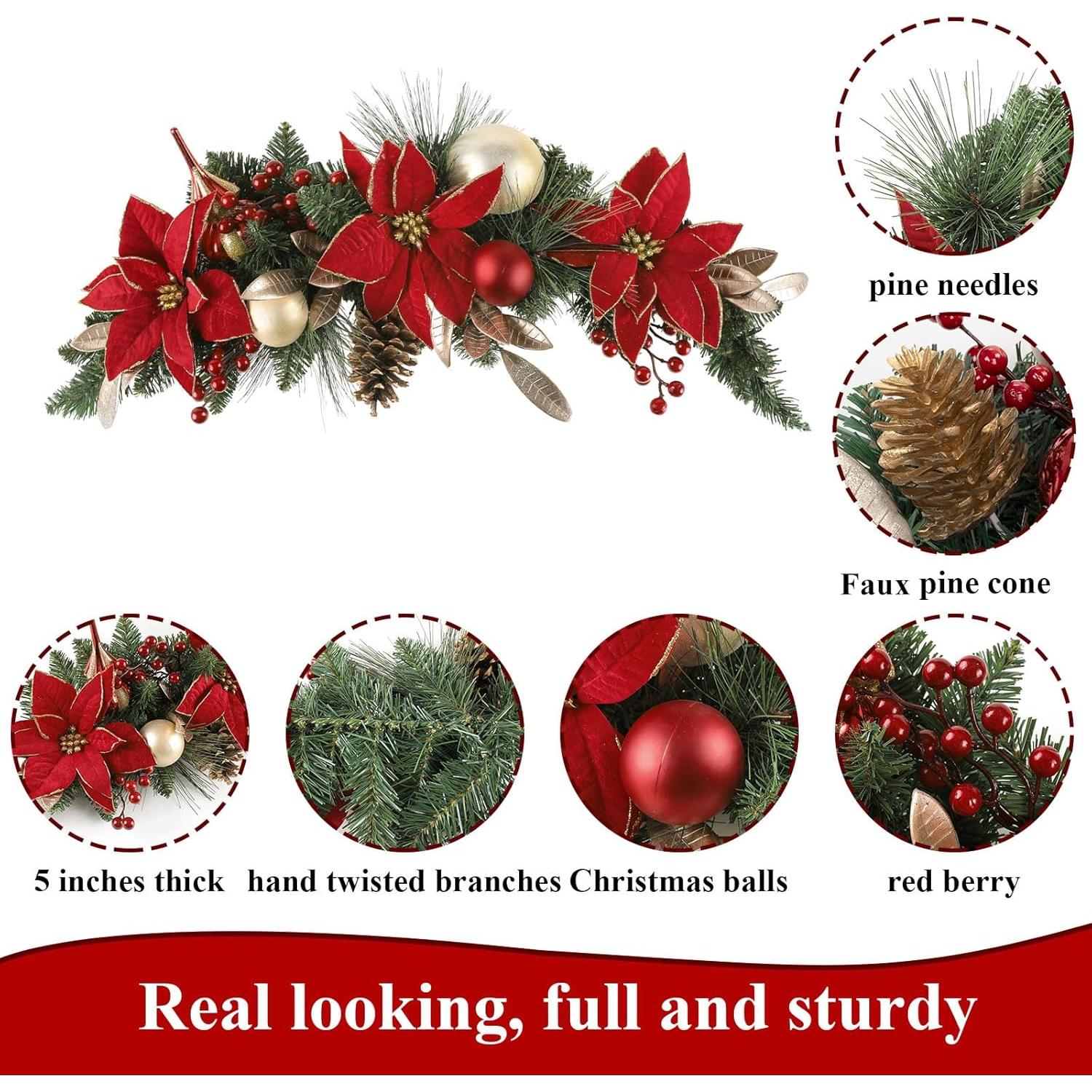 Adorno Navideño Poinsettia SHACOS 76cm Verde Rojo Artificial