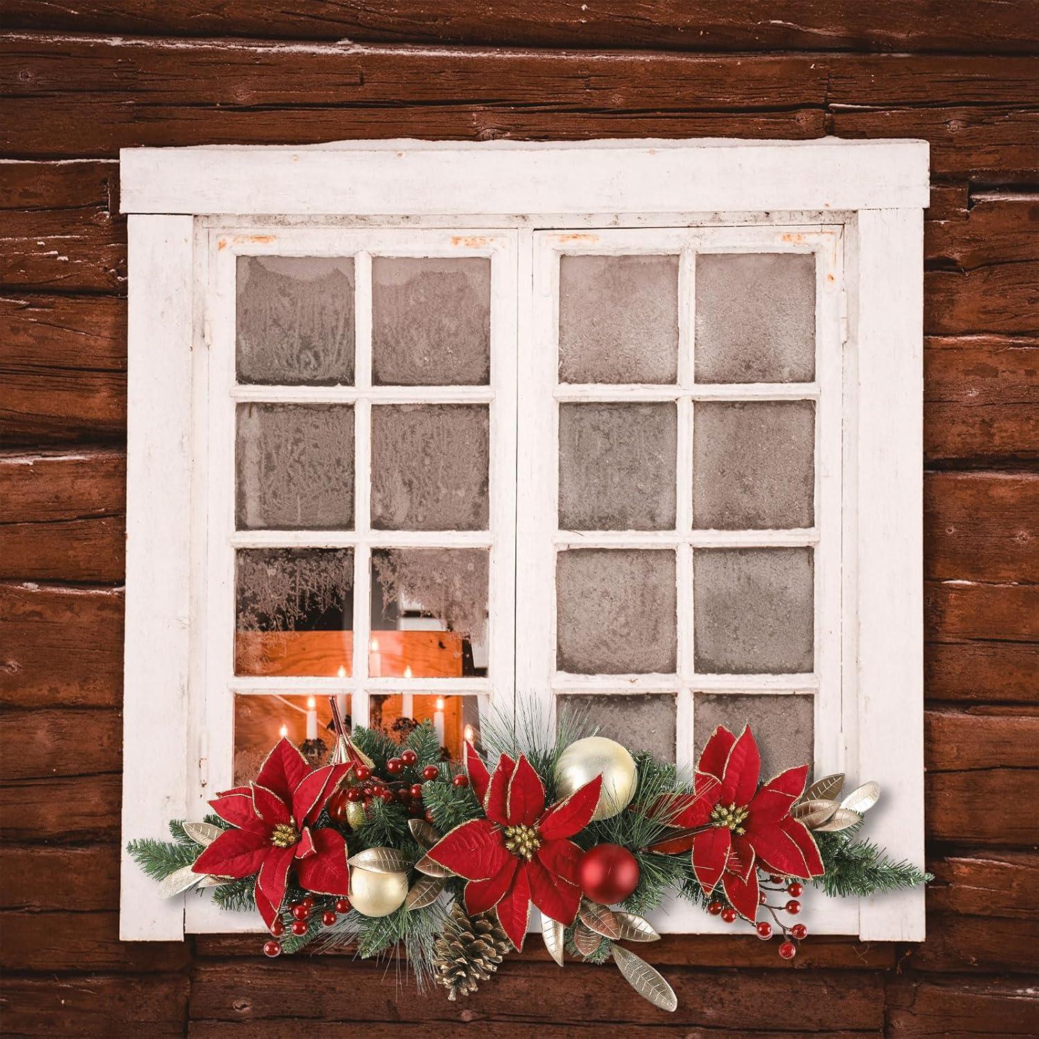 Adorno Navideño Poinsettia SHACOS 76cm Verde Rojo Artificial