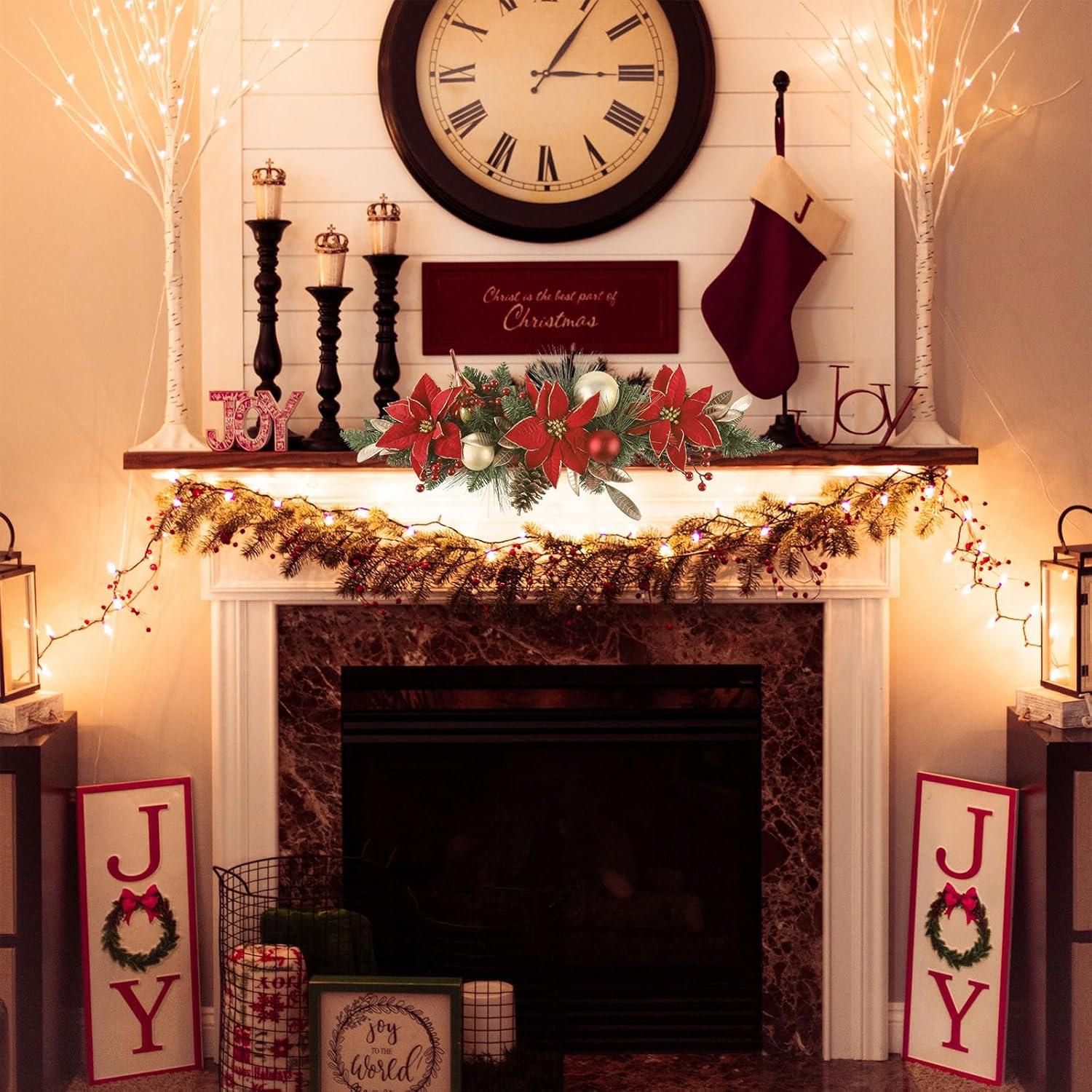 Adorno Navideño Poinsettia SHACOS 76cm Verde Rojo Artificial