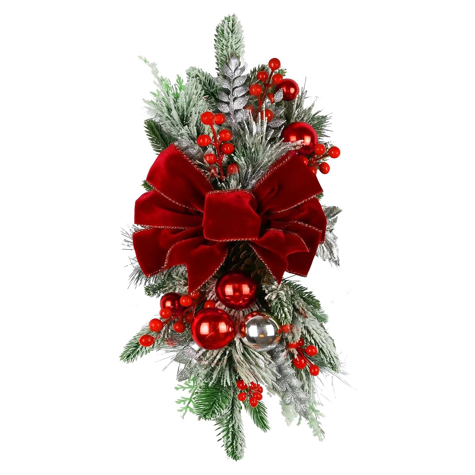 Adorno Navideño Grande 60.96 cm Plata con Lazo Rojo y Berries