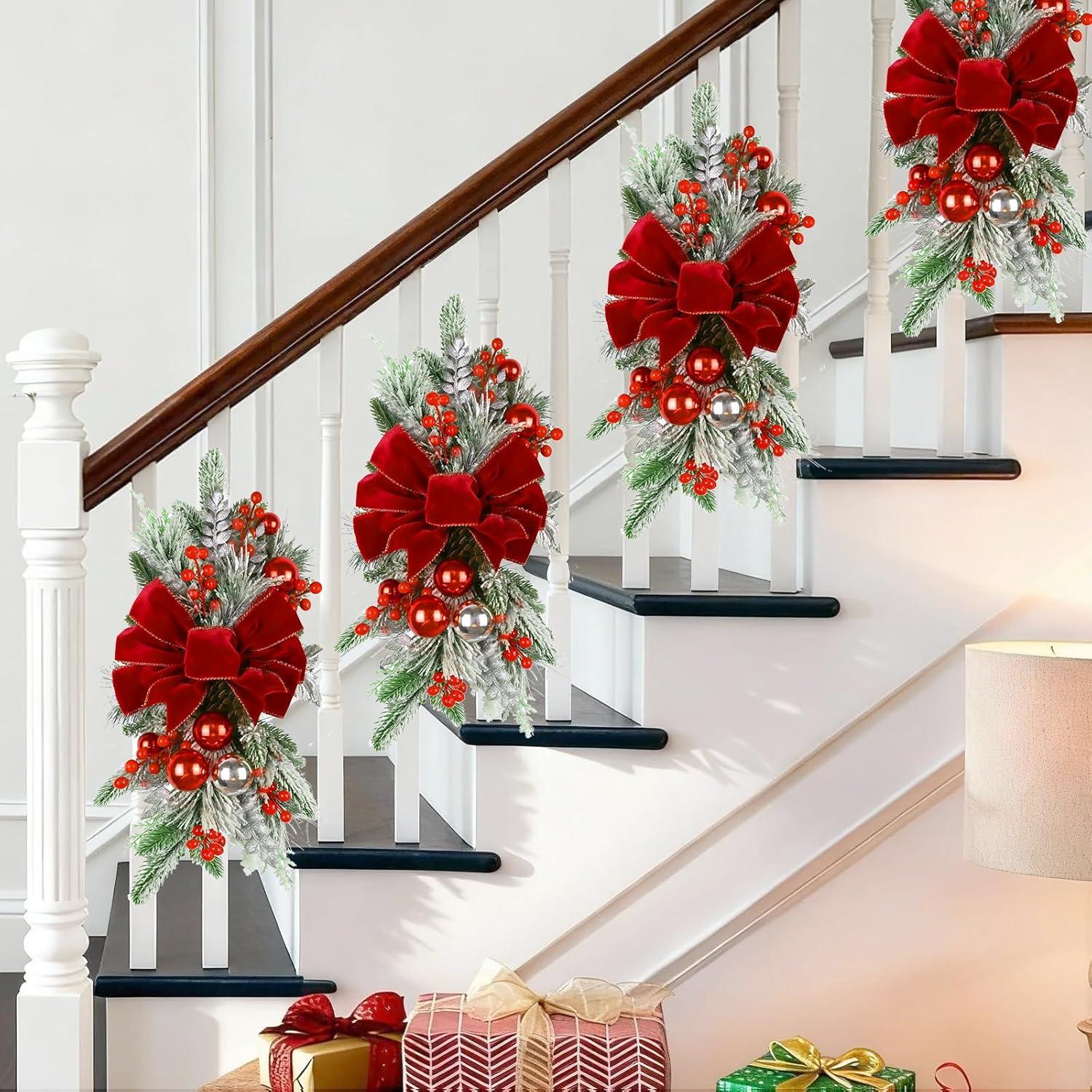 Adorno Navideño Grande 60.96 cm Plata con Lazo Rojo y Berries