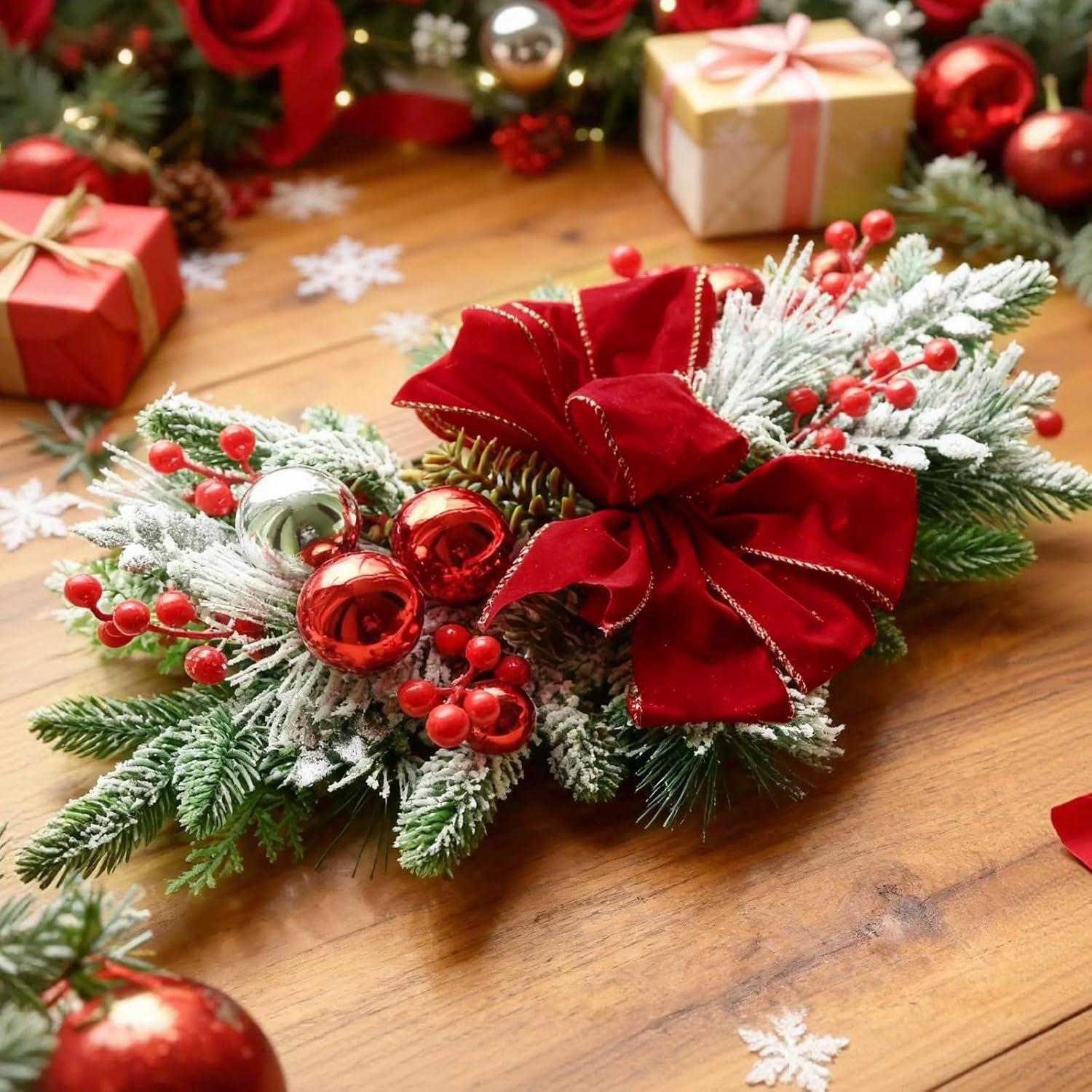 Adorno Navideño Grande 60.96 cm Plata con Lazo Rojo y Berries