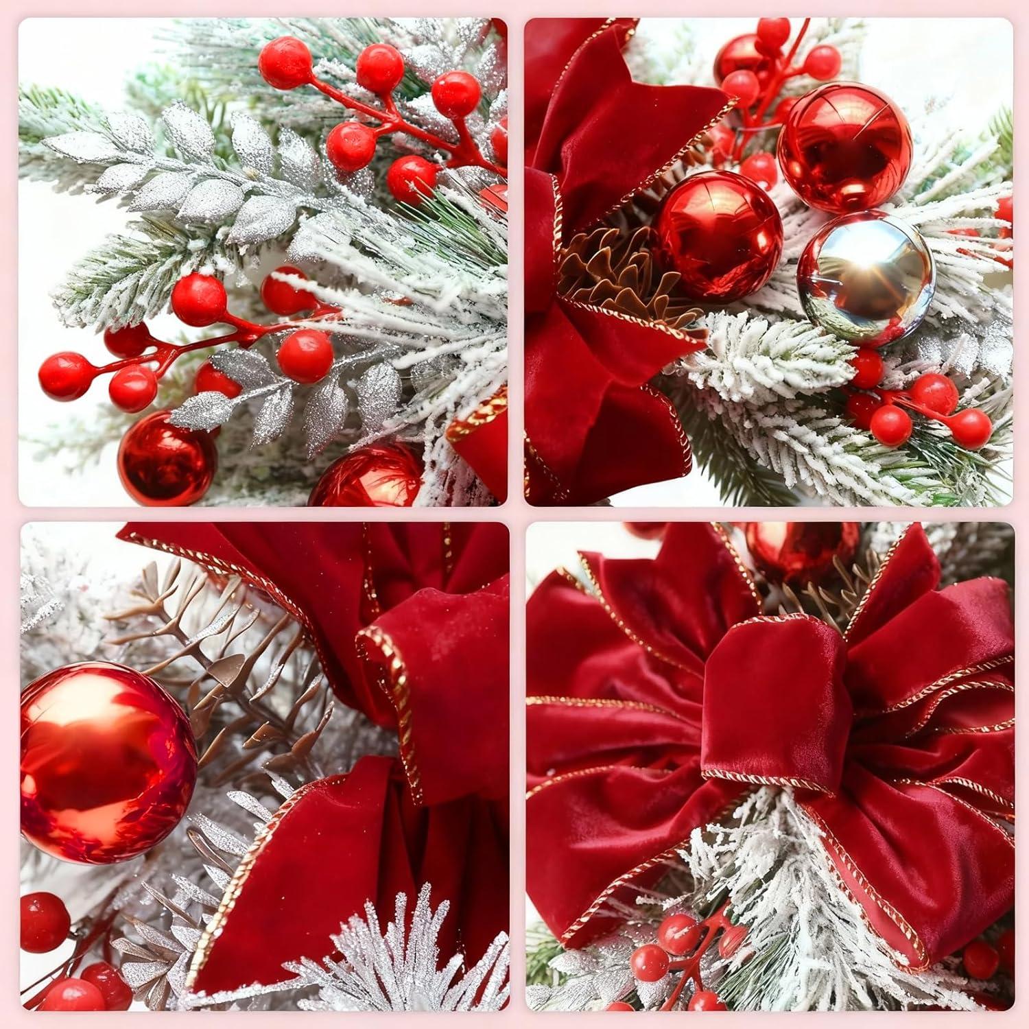 Adorno Navideño Grande 60.96 cm Plata con Lazo Rojo y Berries