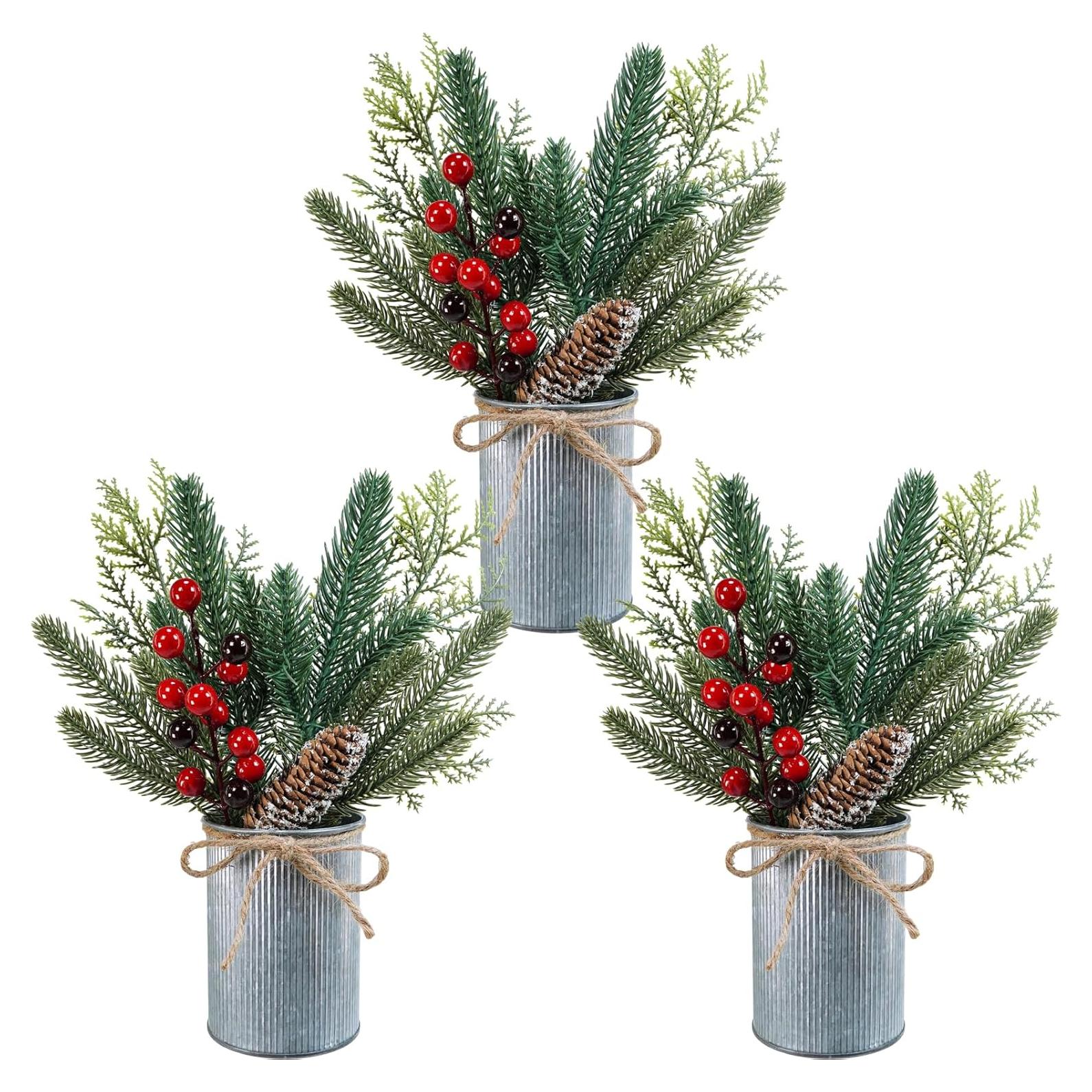 Arreglos Florales Navideños Winlyn en Macetas de Metal - 3 Piezas