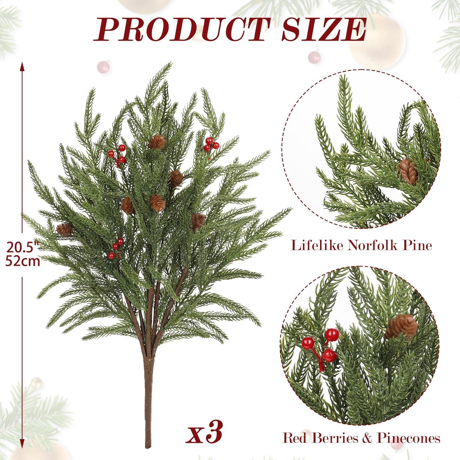 Ramas Artificiales de Pino Norfolk DILATATA - 3 Ramilletes con Berries Rojas y Piñas - 52 cm