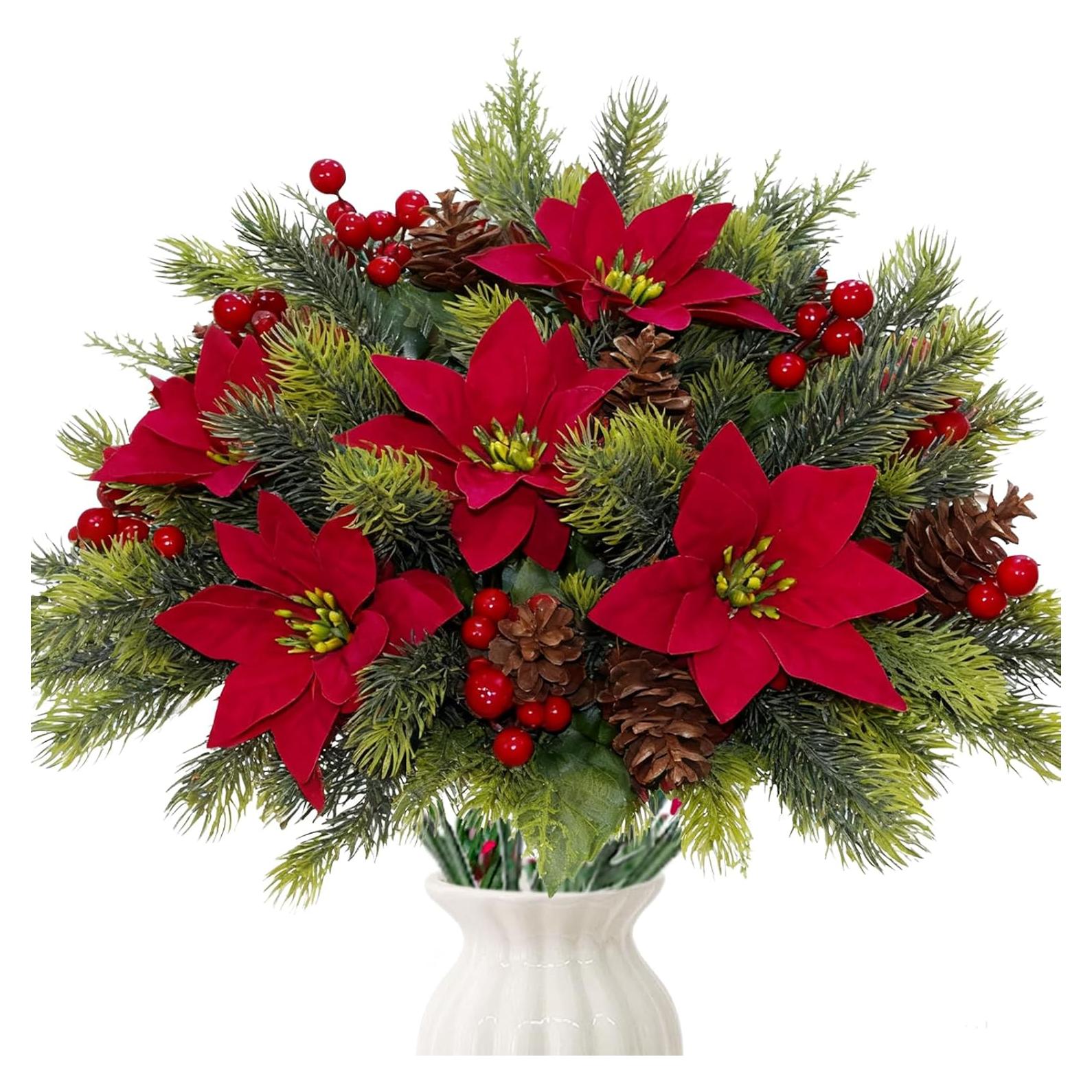 Ramo de Flores Artificiales Navidad HUAHUA 8PCS con Piñas y Berries