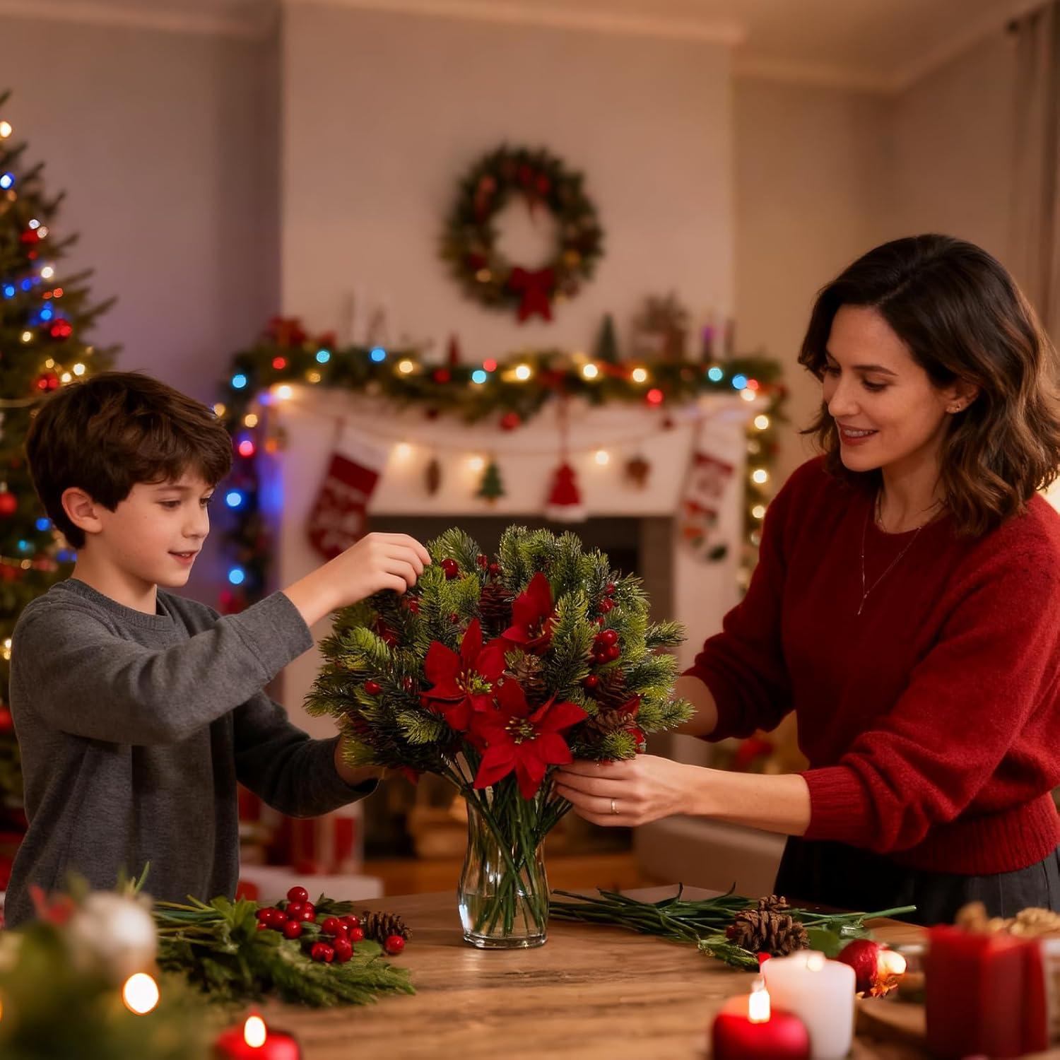 Ramo de Flores Artificiales Navidad HUAHUA 8PCS con Piñas y Berries