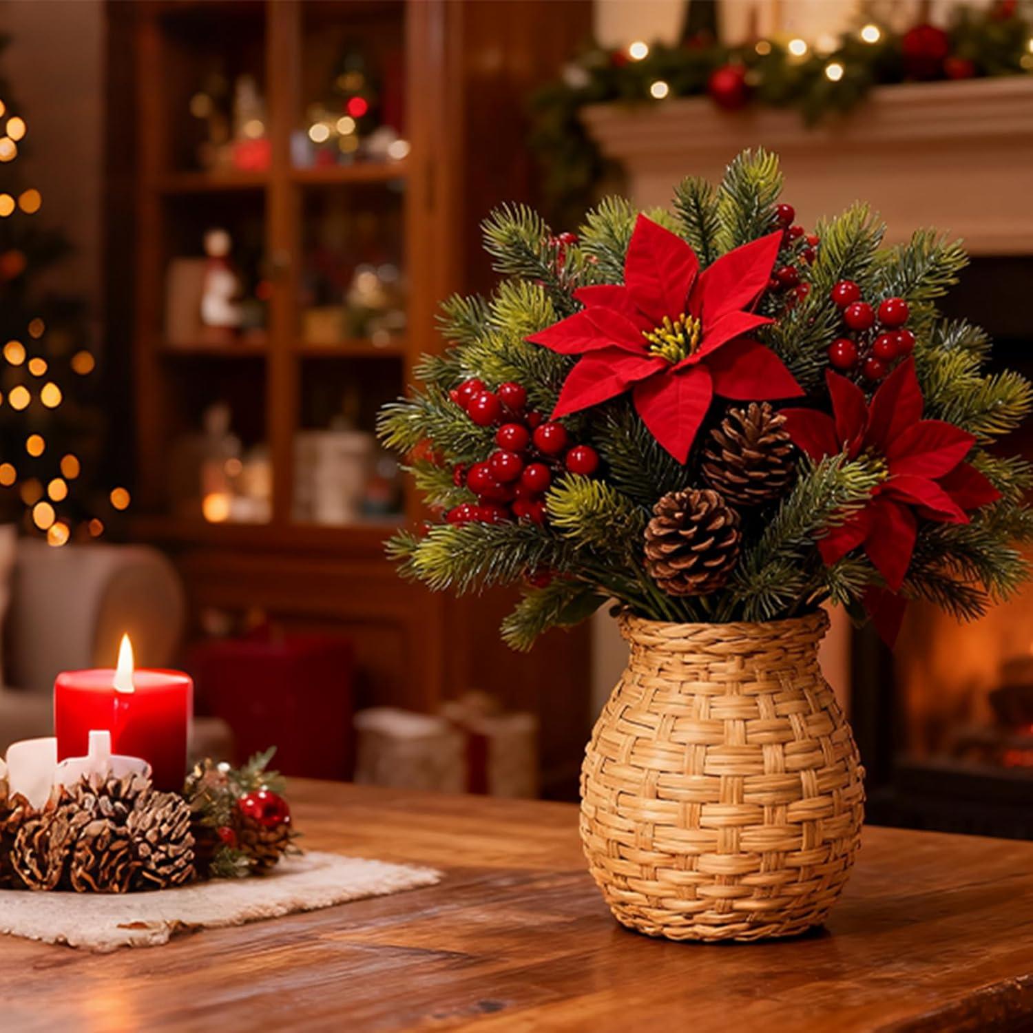 Ramo de Flores Artificiales Navidad HUAHUA 8PCS con Piñas y Berries