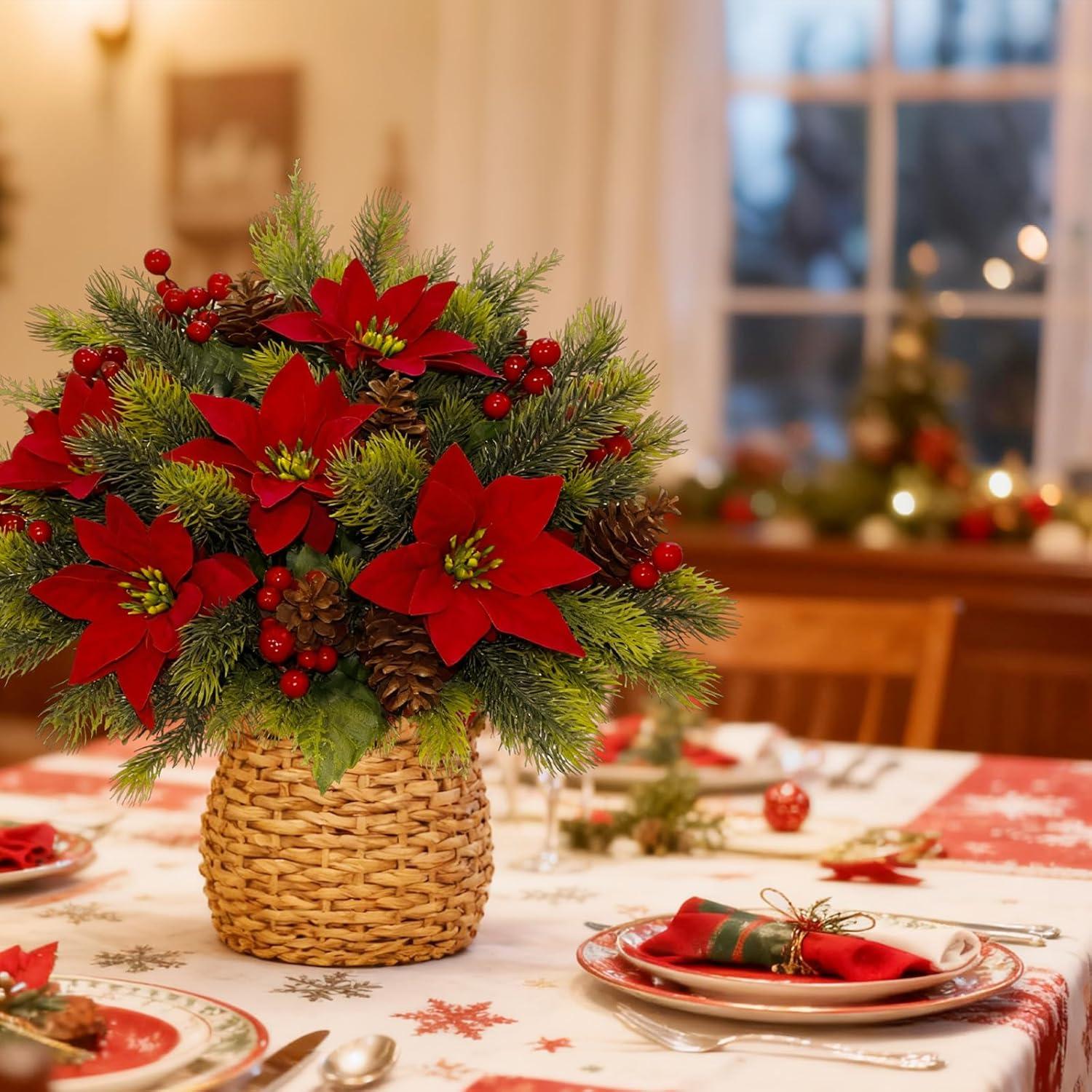 Ramo de Flores Artificiales Navidad HUAHUA 8PCS con Piñas y Berries