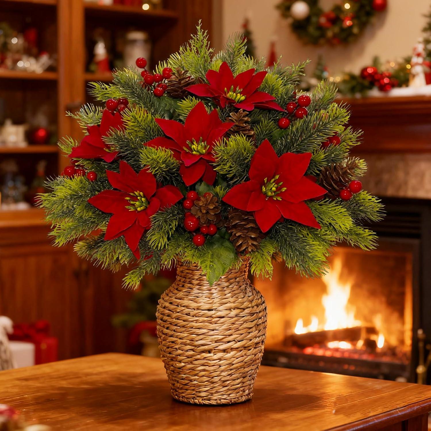 Ramo de Flores Artificiales Navidad HUAHUA 8PCS con Piñas y Berries