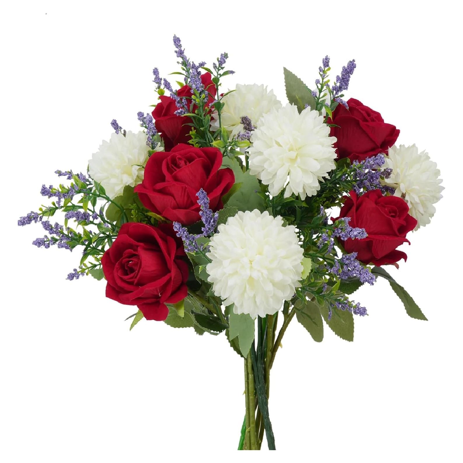 Ramo de flores artificiales HO2NLE con rosa roja y crisantemos 30 cm