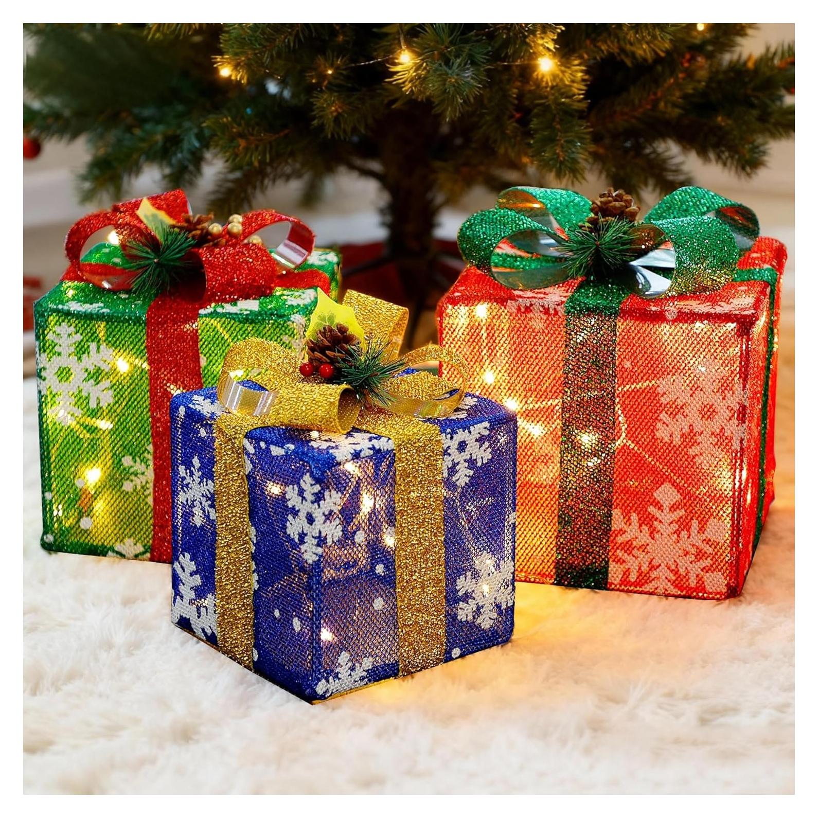 ATDAWN Conjunto 3 Cajas de Regalo Iluminadas Navidad 60 LED