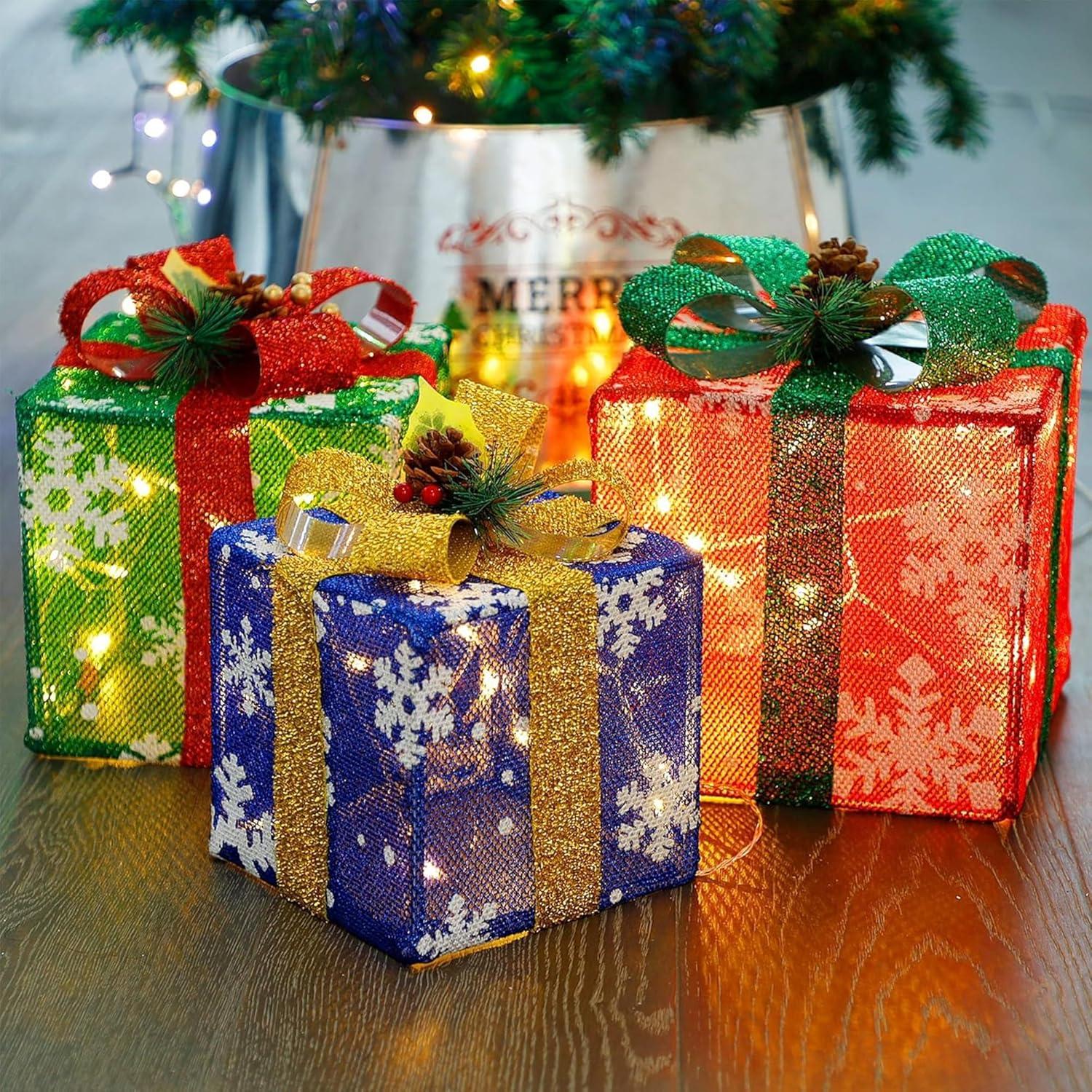 ATDAWN Conjunto 3 Cajas de Regalo Iluminadas Navidad 60 LED