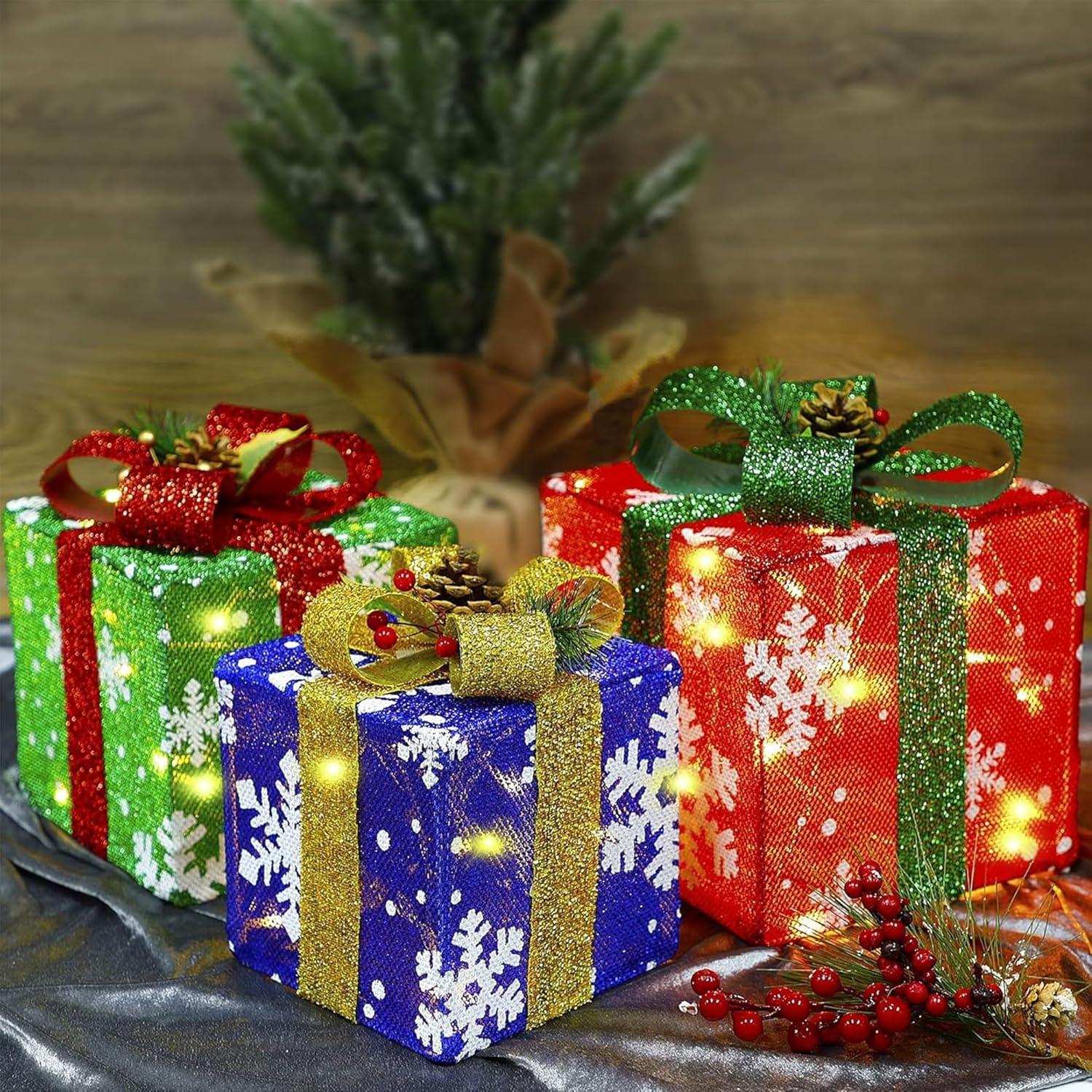 ATDAWN Conjunto 3 Cajas de Regalo Iluminadas Navidad 60 LED