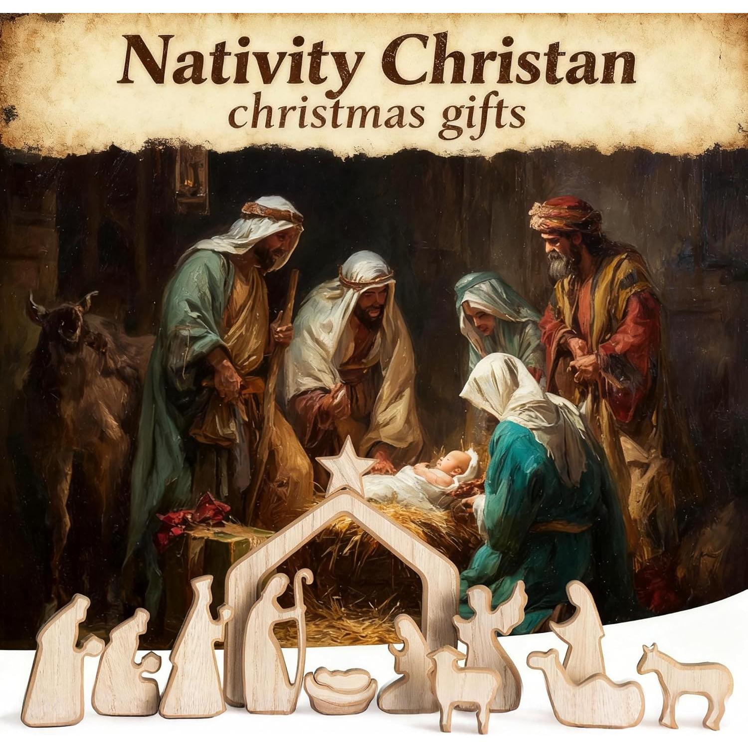 Conjunto de Escena de Natividad NEROSUN 13 Piezas Madera