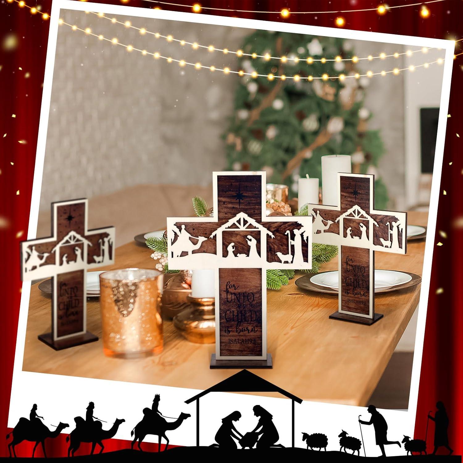 Adorno de Mesa Natividad Huwena 3 Piezas Madera Vintage