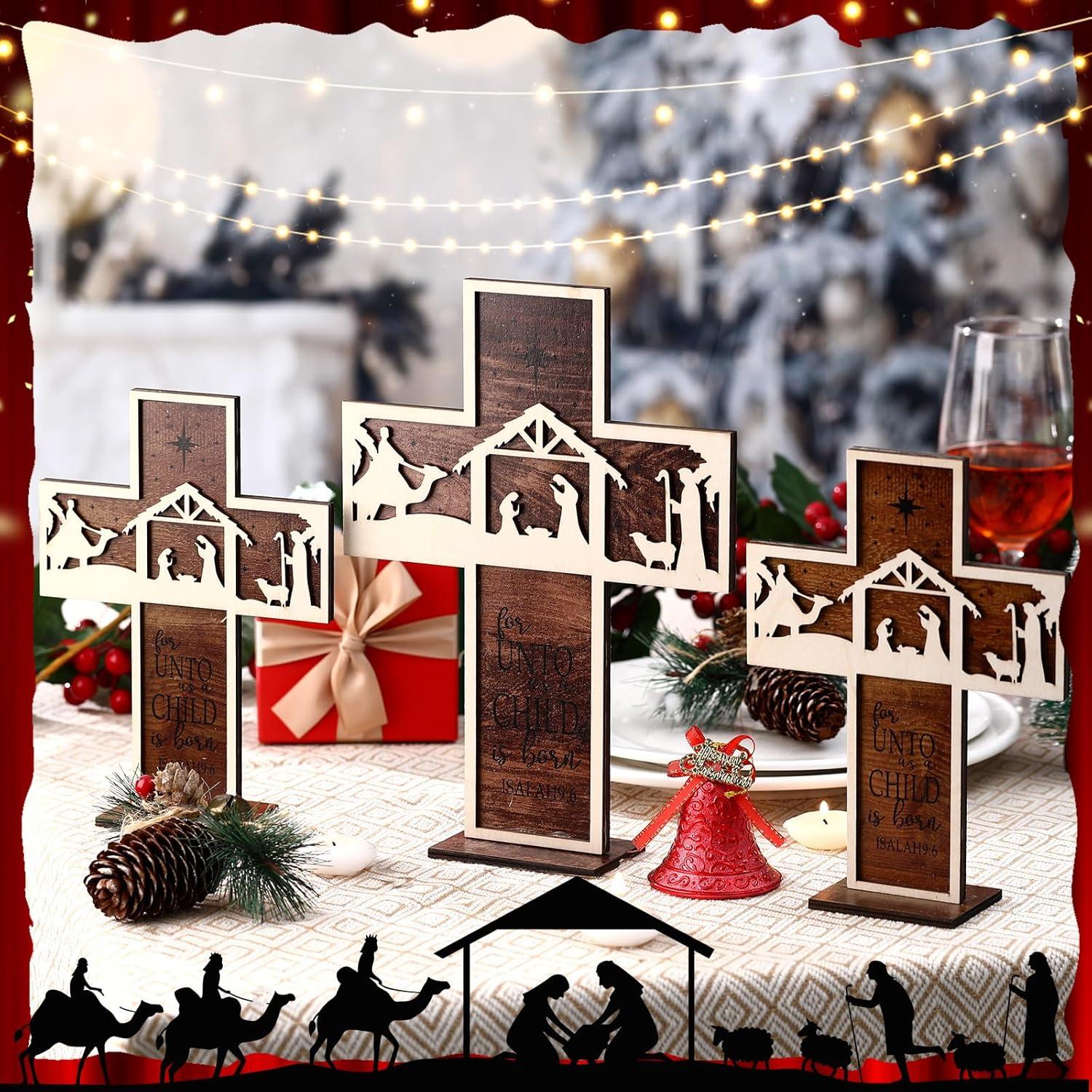 Adorno de Mesa Natividad Huwena 3 Piezas Madera Vintage