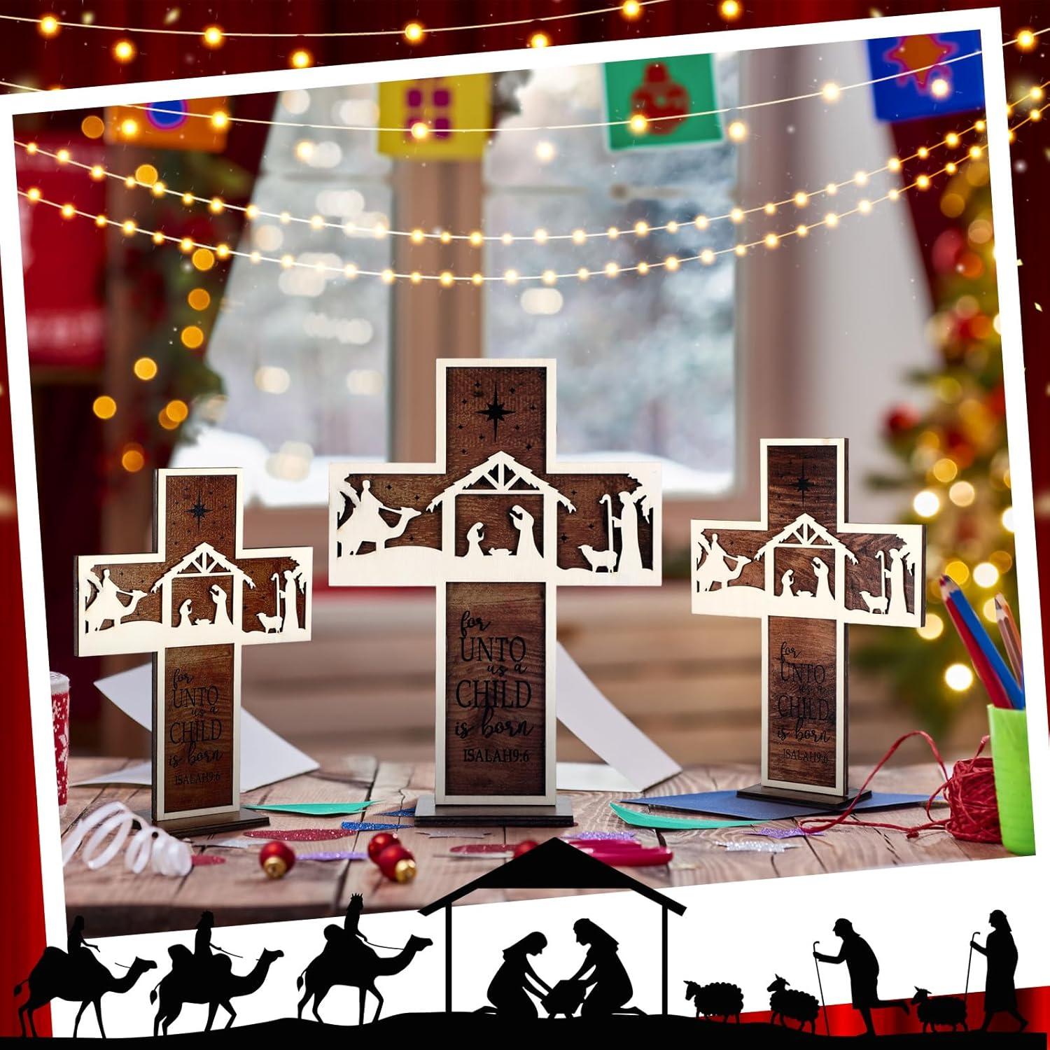 Adorno de Mesa Natividad Huwena 3 Piezas Madera Vintage