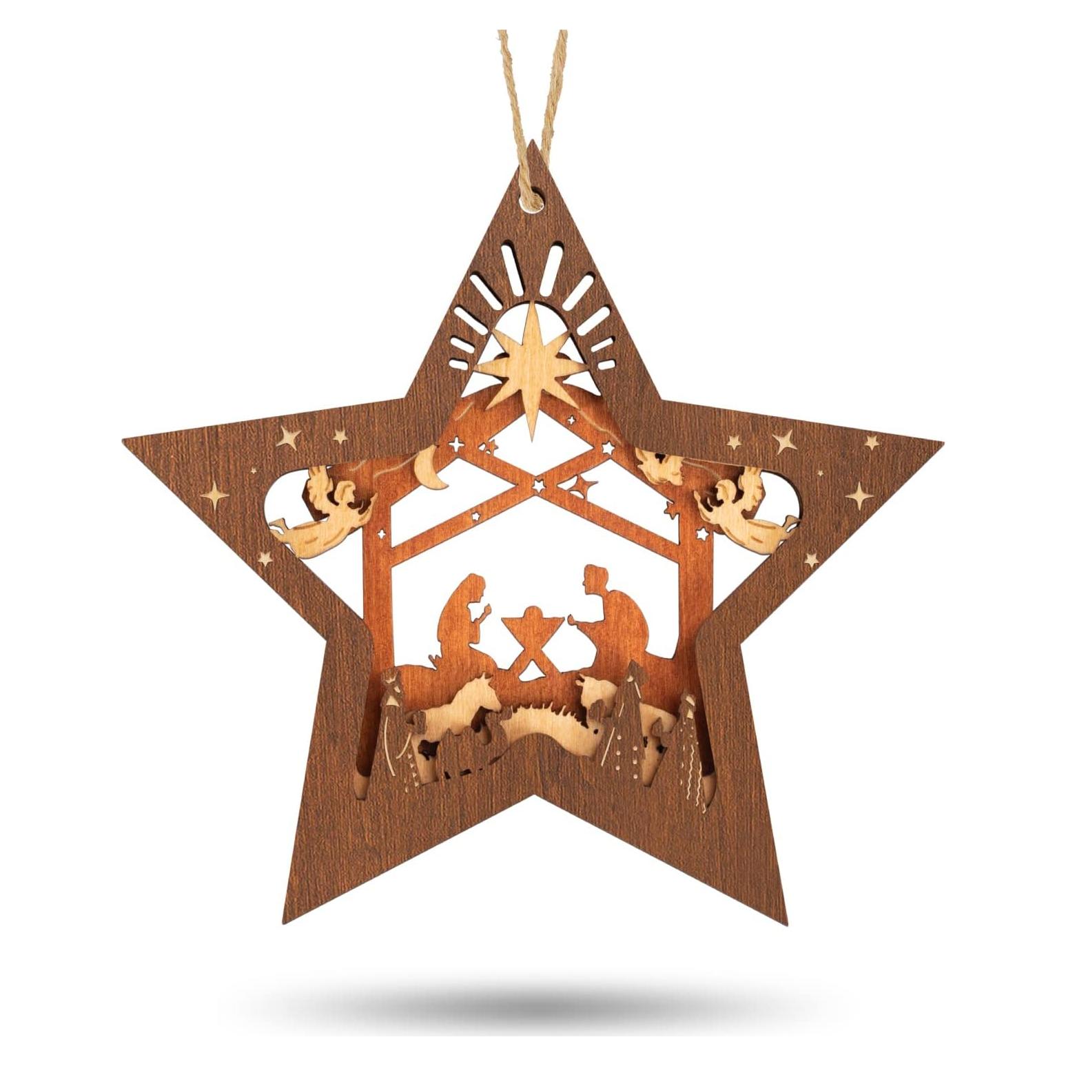 Adorno de Natividad Creawoo en Madera Estrella 12.9x12.9 cm