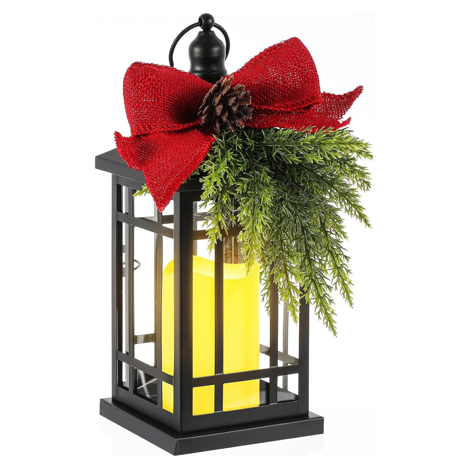 Linterna Navideña Vintage ROCEEI 14" con Vela LED y Cedro