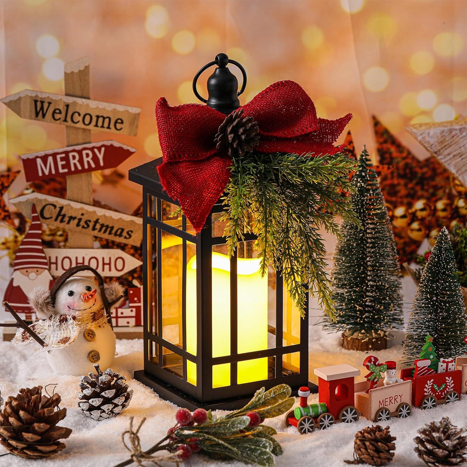 Linterna Navideña Vintage ROCEEI 14" con Vela LED y Cedro