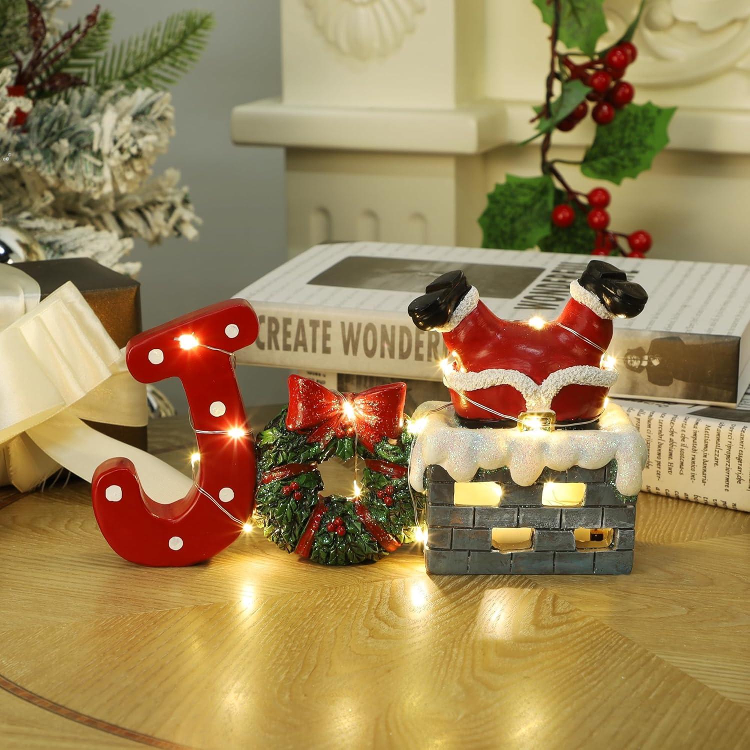 Decoración de Mesa Navideña Prsildan Santa en Chimenea LED