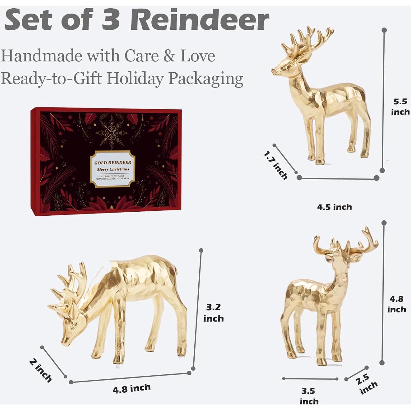 Juego de 3 Figuras de Reno Doradas de Resina para Navidad