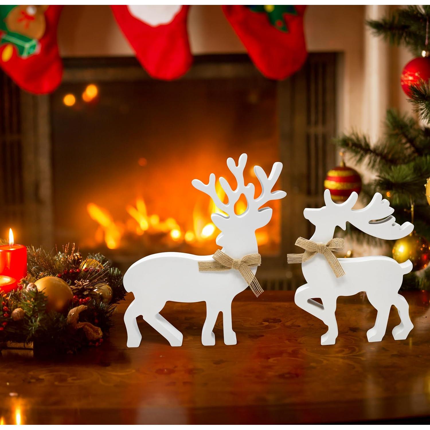 Set de 2 Decoraciones de Mesa de Reno de Madera Blanca