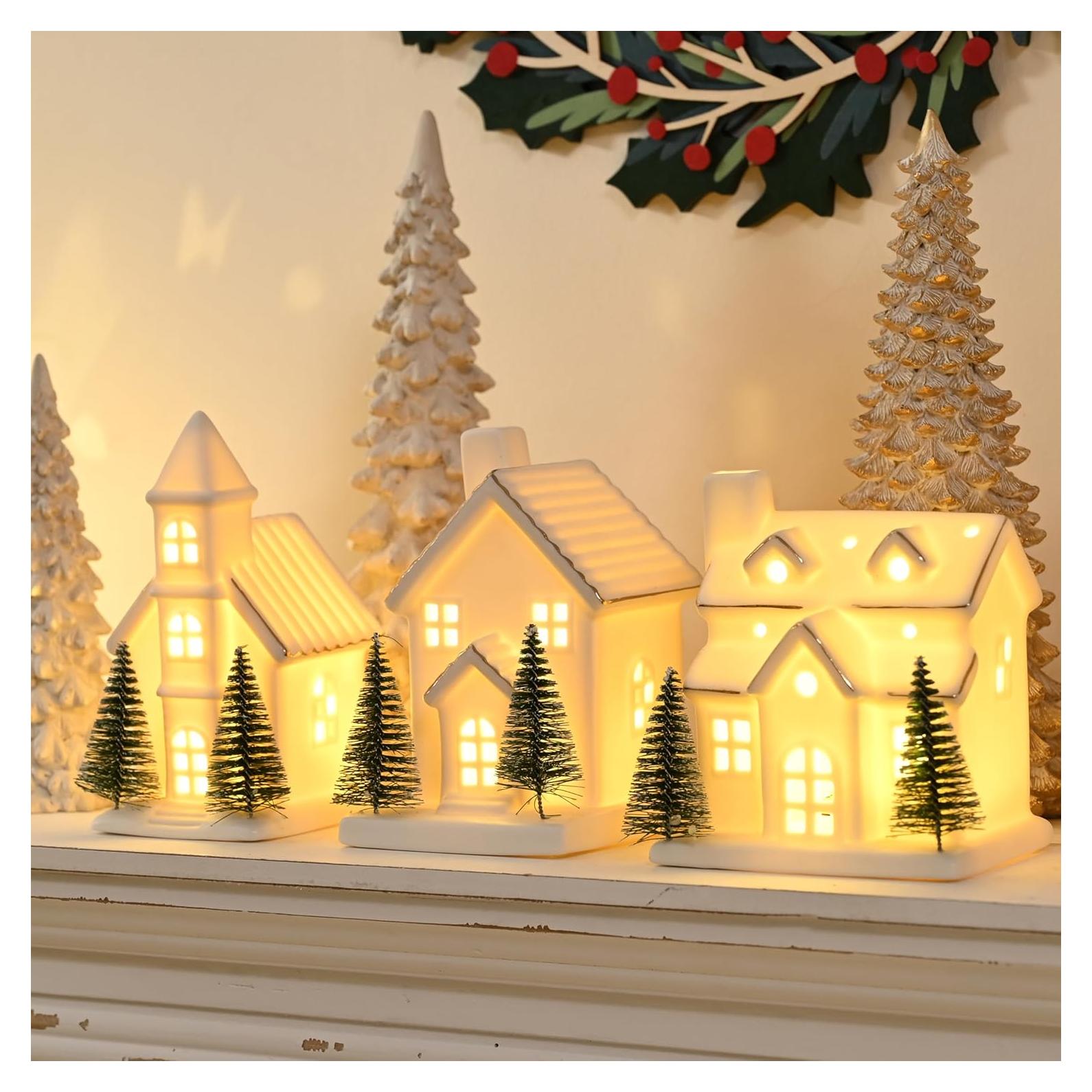 Casas de Pueblo Navideño AOMOONOA Cerámica 3 Piezas Iluminadas