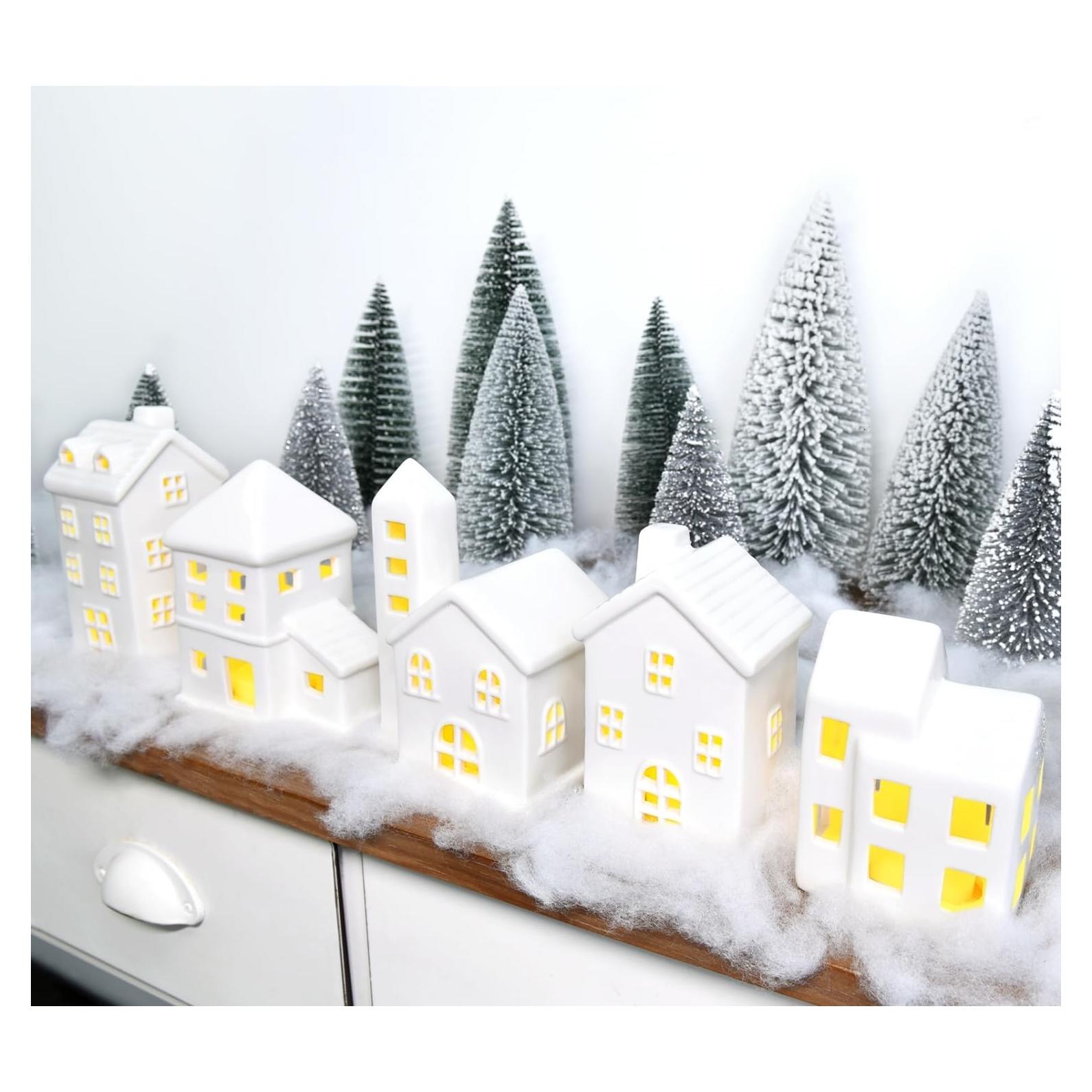 Conjunto de Casas de Pueblo Navideño JETEHO 5 Pcs Blancas y 9 Pcs Árboles