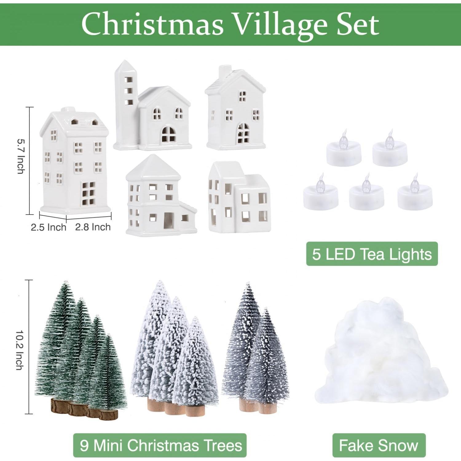 Conjunto de Casas de Pueblo Navideño JETEHO 5 Pcs Blancas y 9 Pcs Árboles