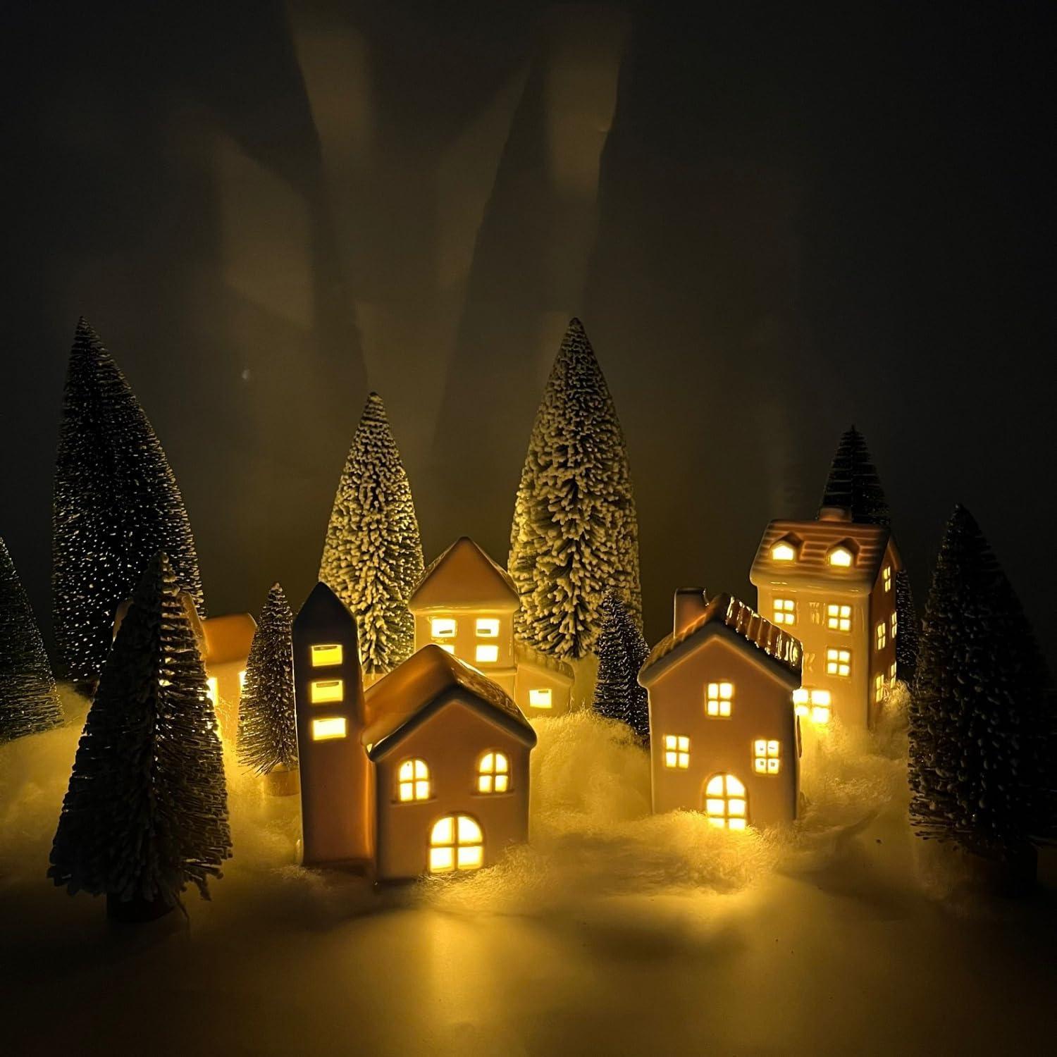 Conjunto de Casas de Pueblo Navideño JETEHO 5 Pcs Blancas y 9 Pcs Árboles