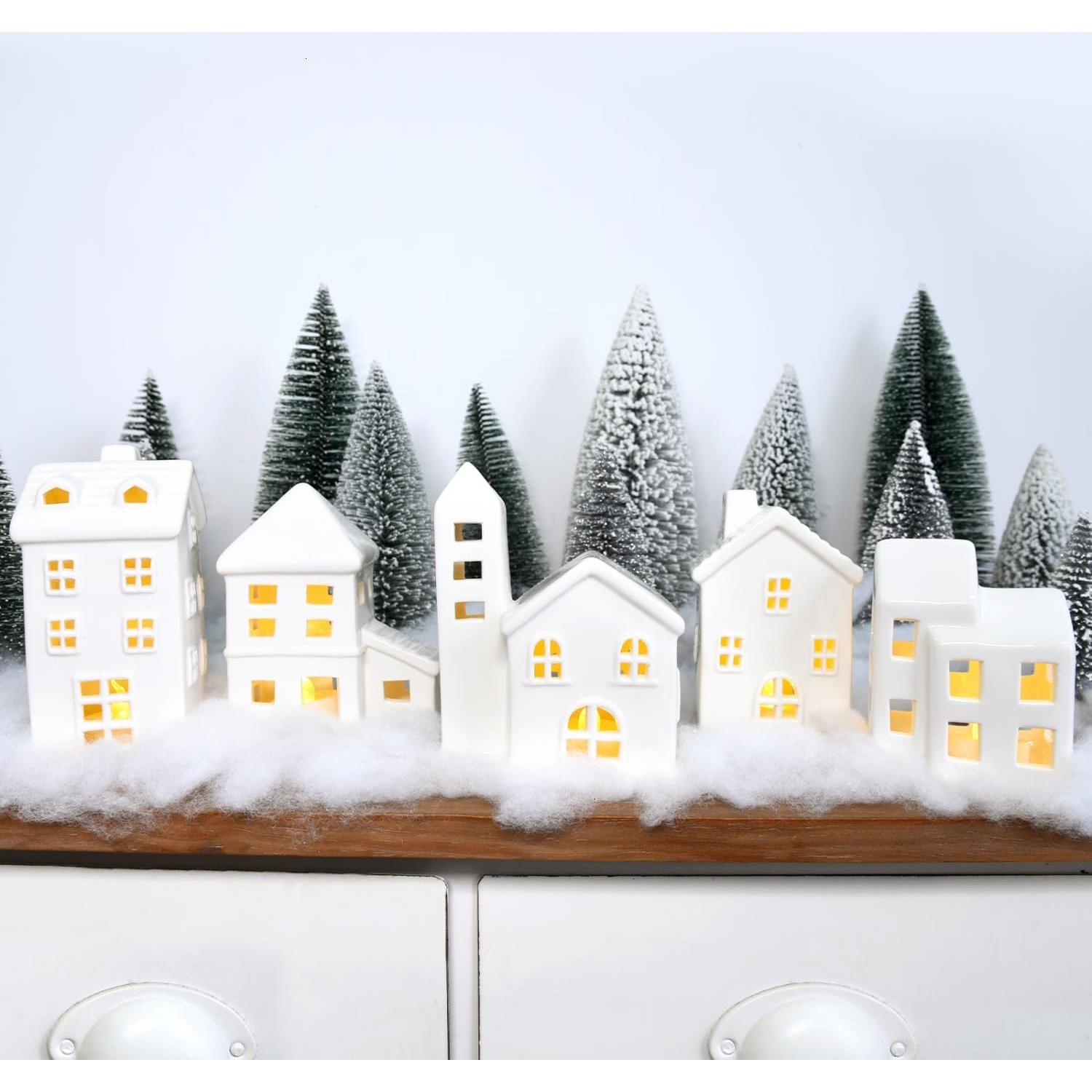 Conjunto de Casas de Pueblo Navideño JETEHO 5 Pcs Blancas y 9 Pcs Árboles