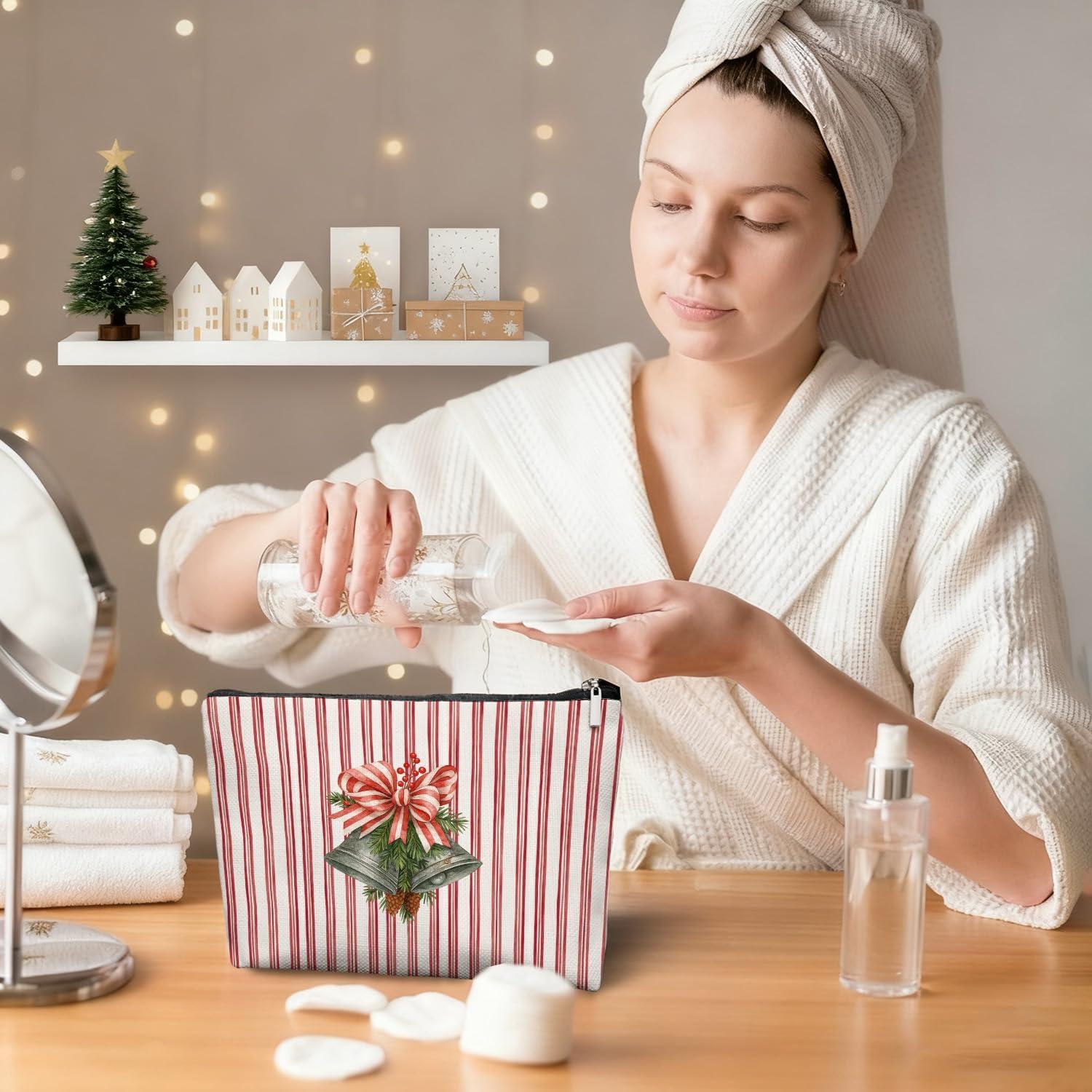 Bolsa de Maquillaje Navideña EKGJW con Campanas y Rayas